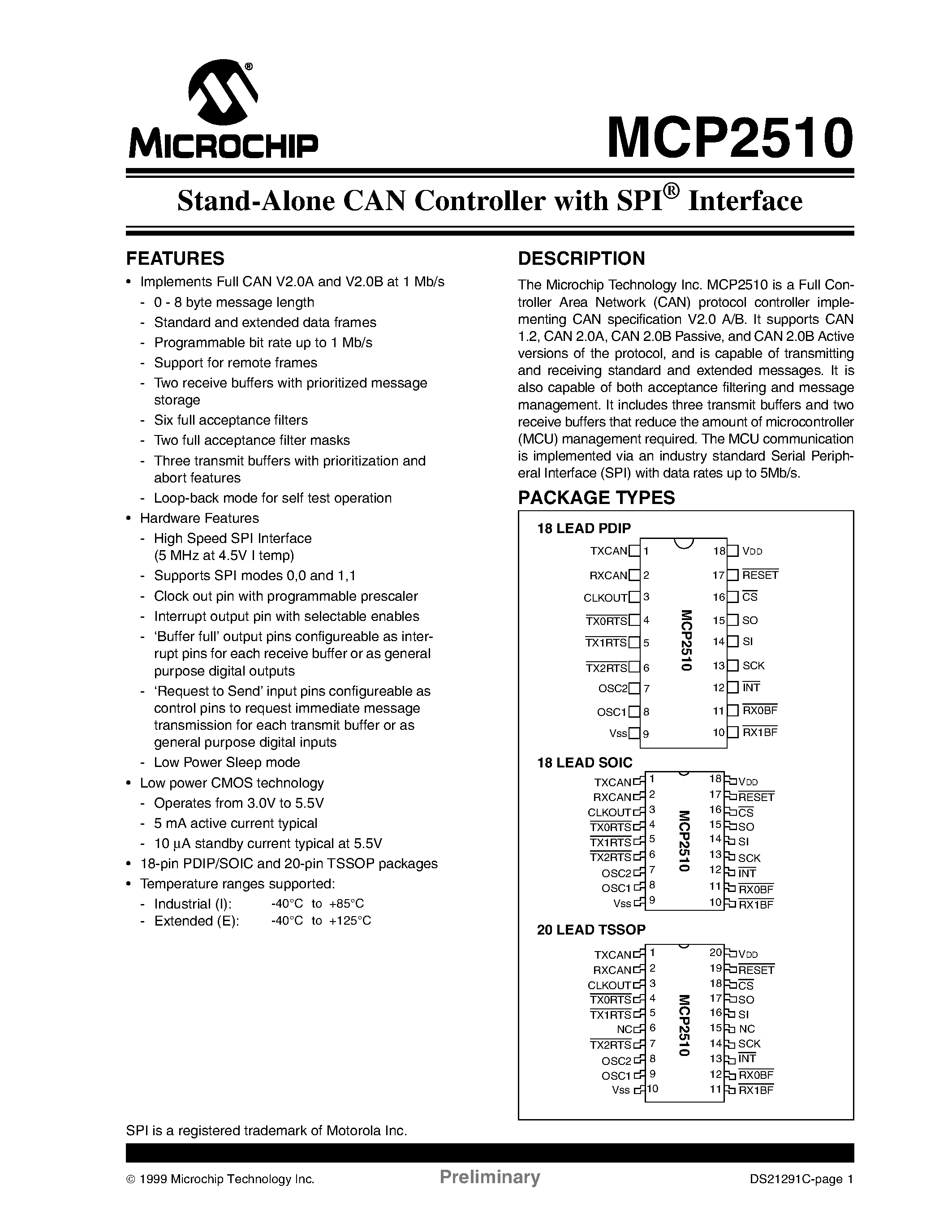 Datasheet MCP2510 - Stand-Alone CAN Controller with SPI Interface page 1