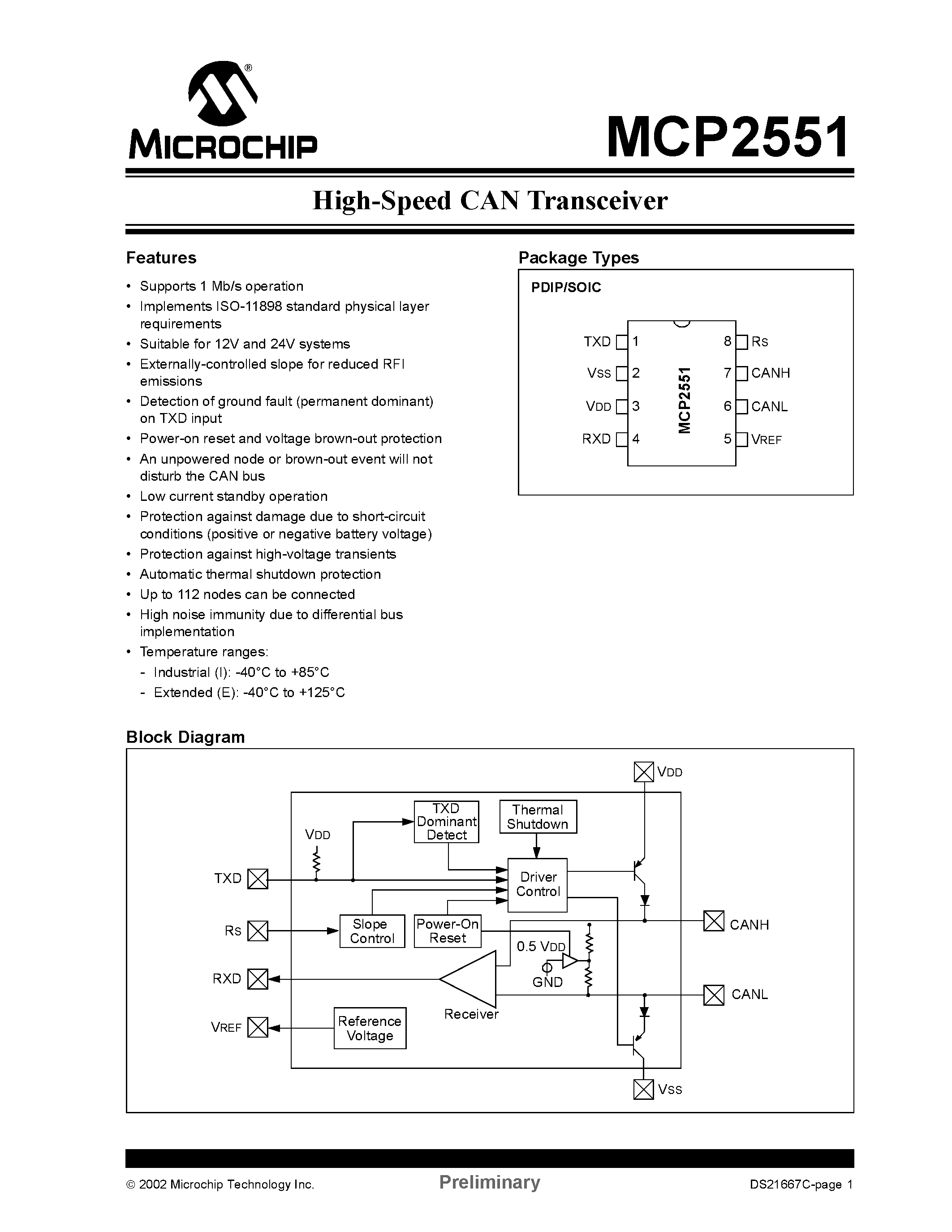 Datasheet MCP2551I/P - High-Speed CAN Transceiver page 1