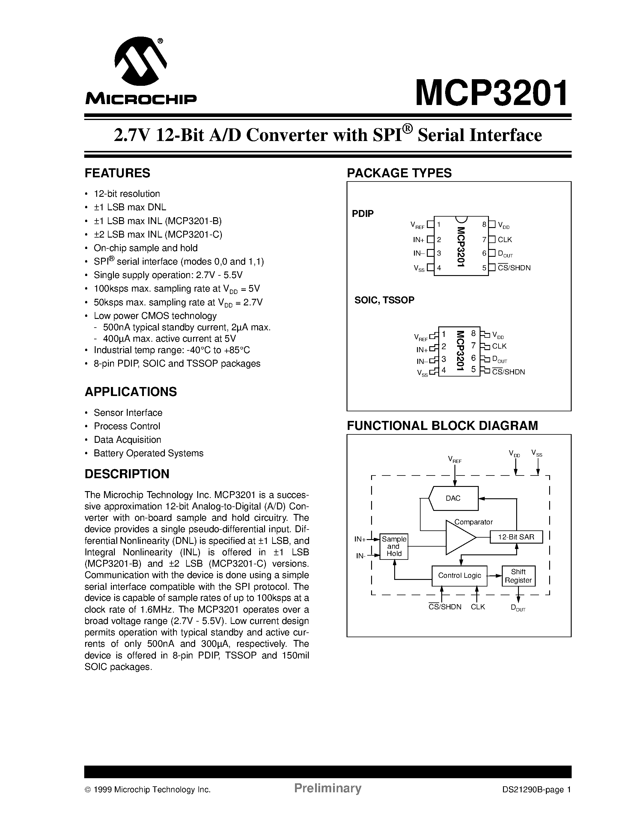 Даташит на микросхему MCP3201 страница 1 Даташит MCP3201 - 2.7V 12-Bit A/D Converter with SPI Serial Interface страница 1