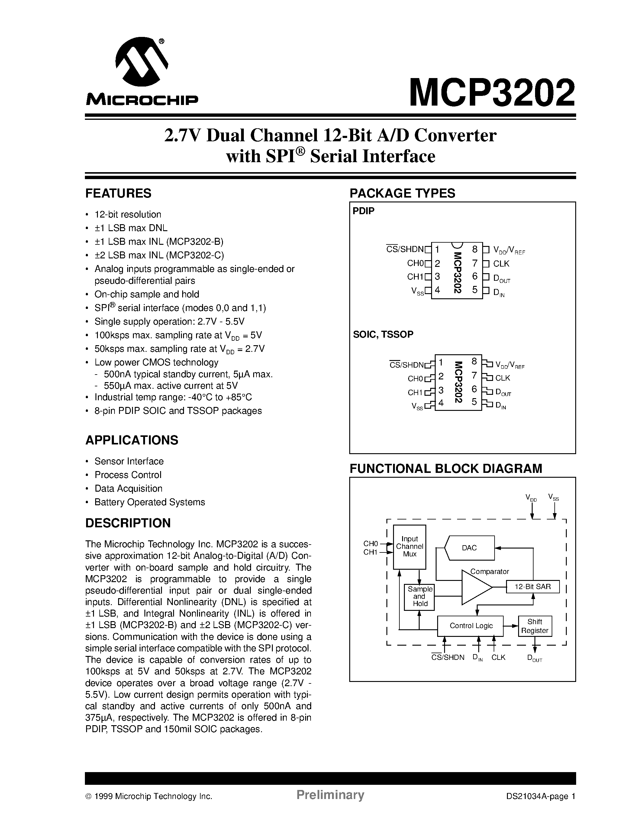 Даташит на микросхему MCP3202 страница 1 Даташит MCP3202 - 2.7V Dual Channel 12-Bit A/D Converter with SPI Serial Interface страница 1