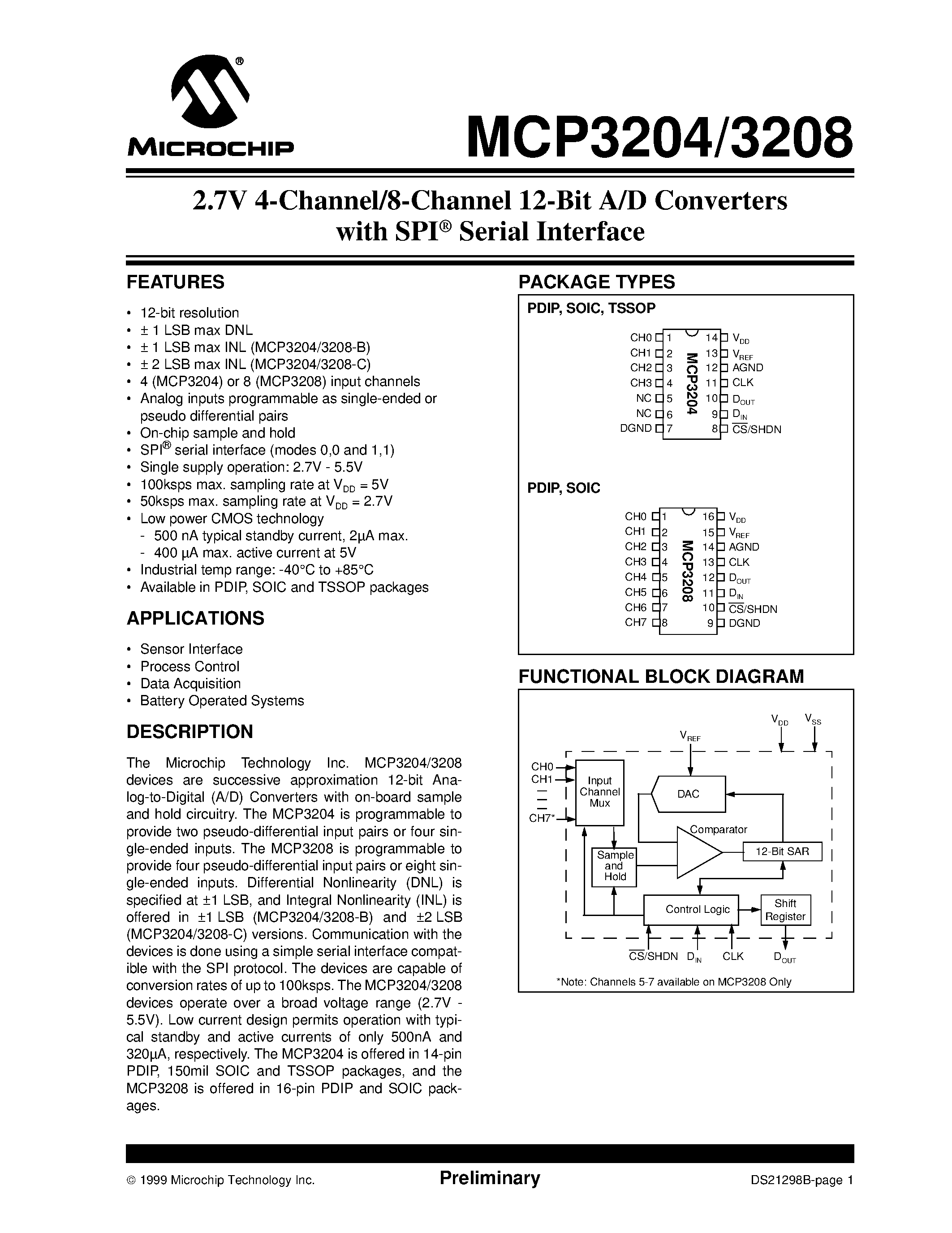 Datasheet MCP3204 - 2.7V 4-Channel/8-Channel 12-Bit A/D Converters with SPI Serial Interface page 1