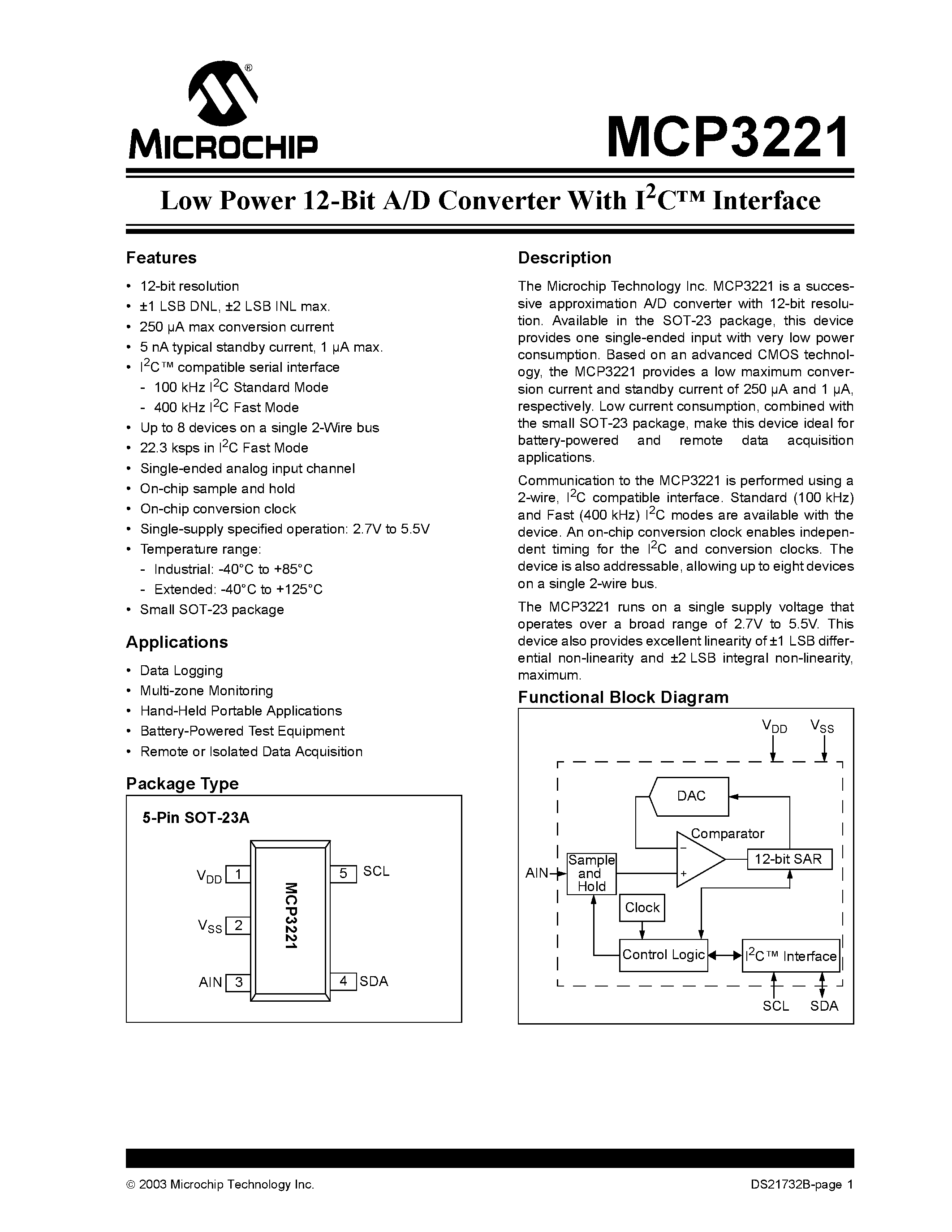 Даташит на микросхему MCP3221 страница 1 Даташит MCP3221 - Low Power 12-Bit A/D Converter With I2C Interface страница 1