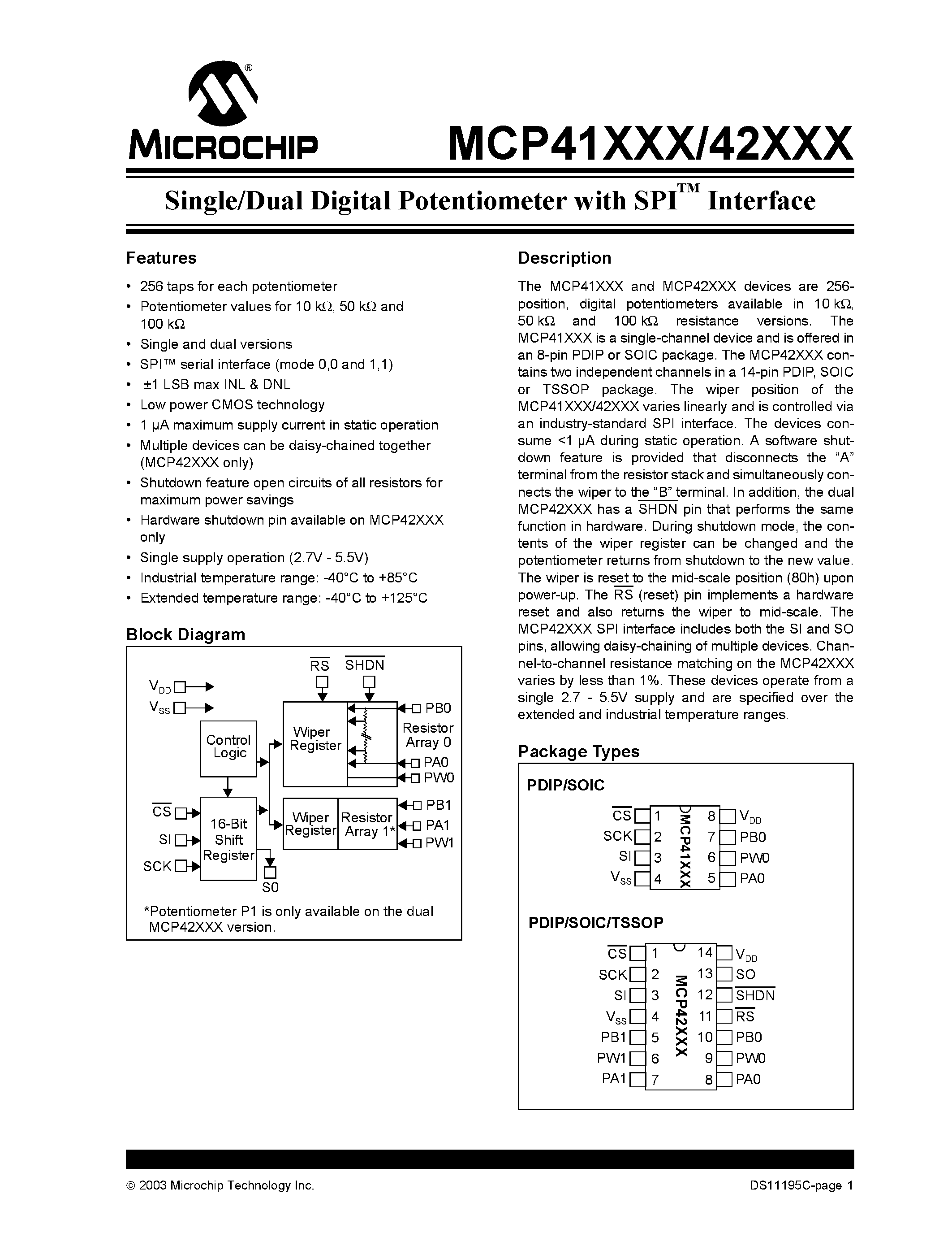 Даташит MCP42010-E/P - Single/Dual Digital Potentiometer with SPI Interface страница 1