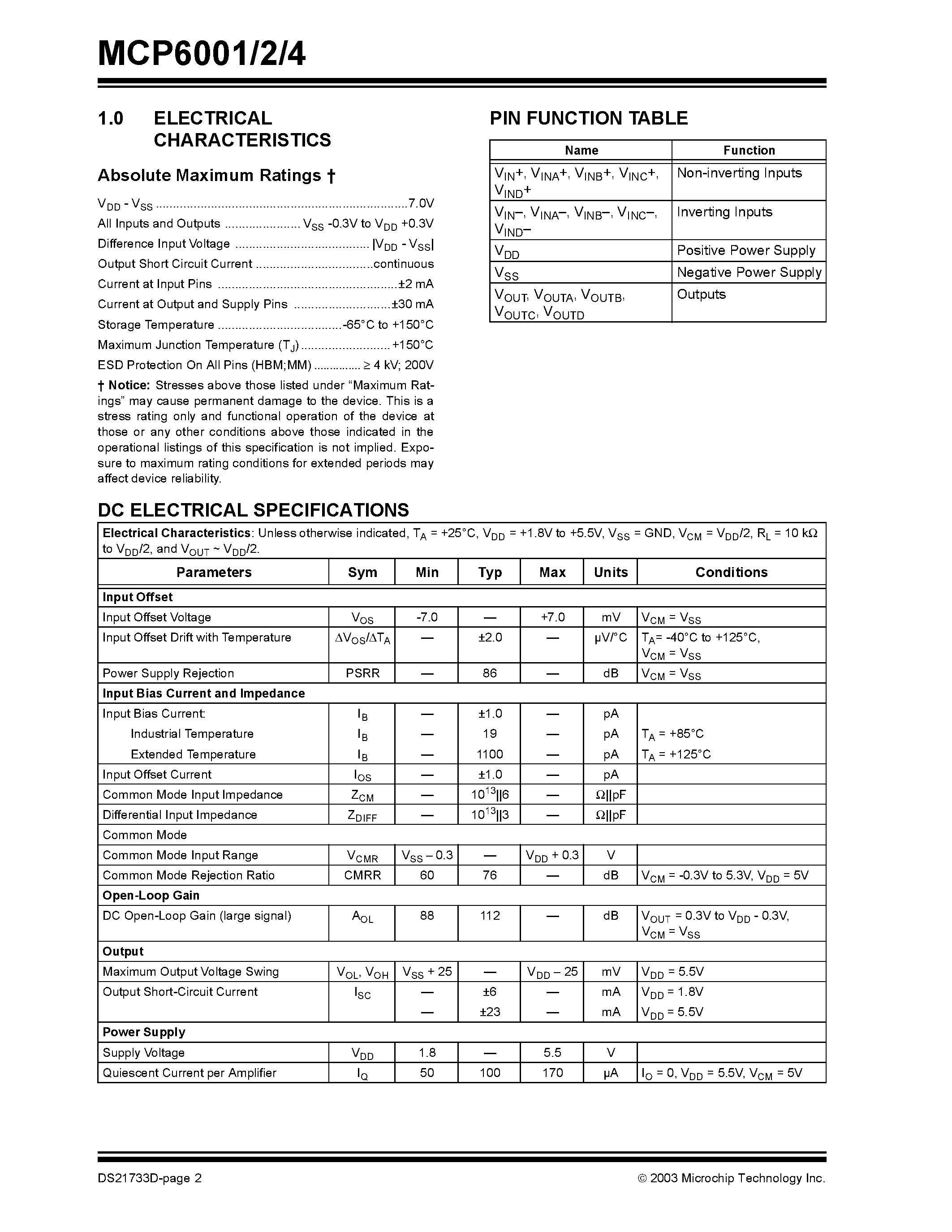 Datasheet MCP6001ESN - 1 MHz Bandwidth Low Power Op Amp page 2