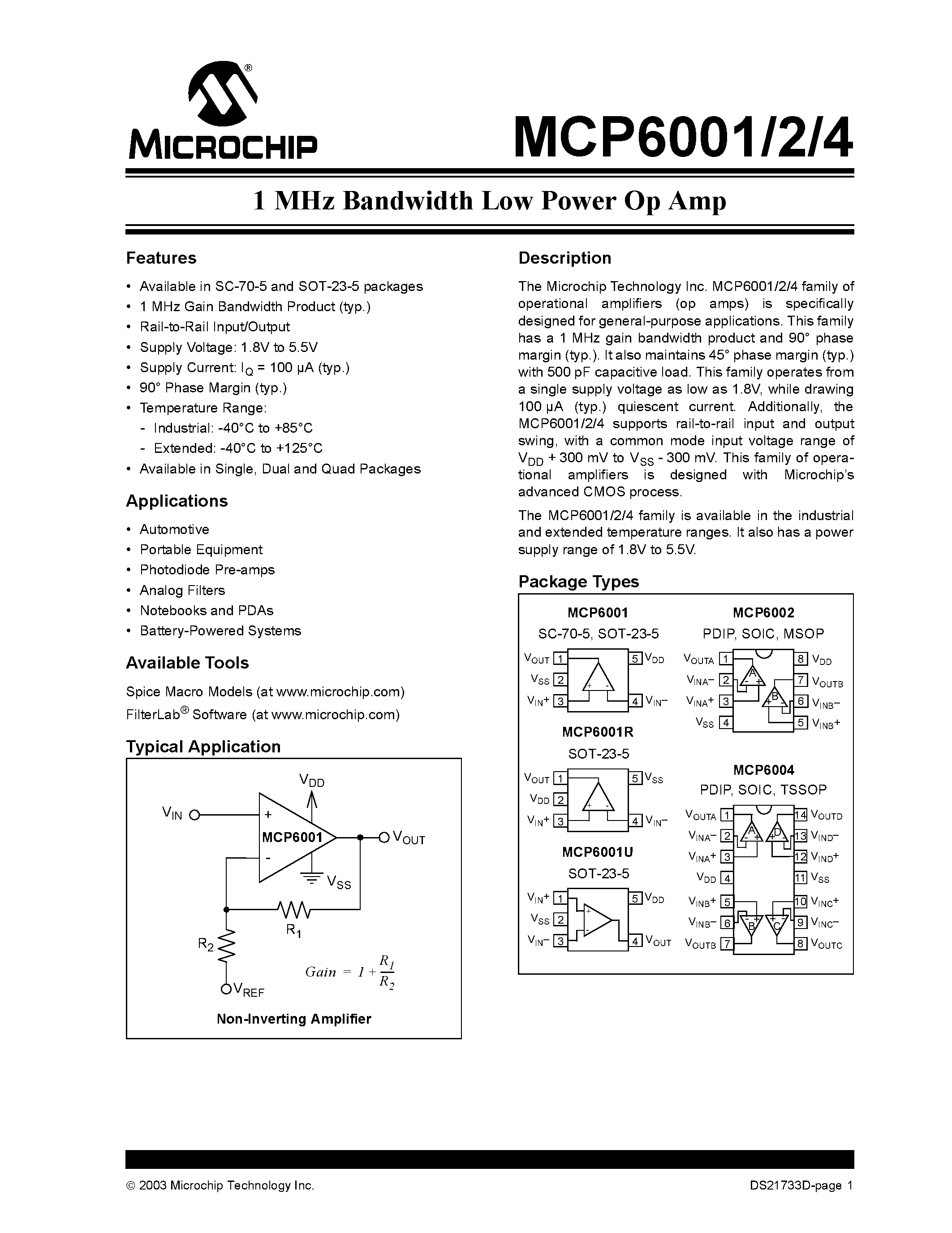 Datasheet MCP6001ISL - 1 MHz Bandwidth Low Power Op Amp page 1