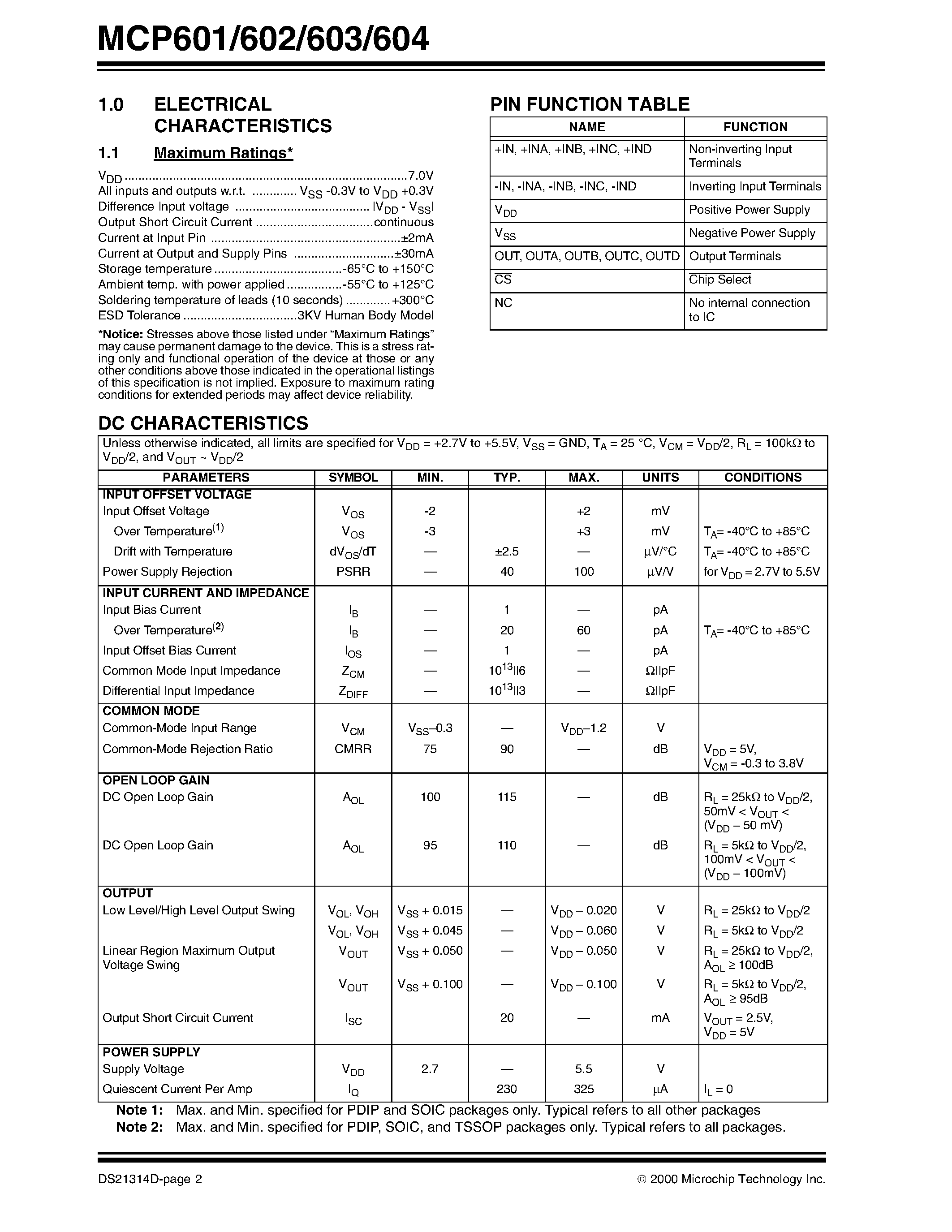 Datasheet MCP604-I page 2 Datasheet MCP604-I - 2.7V to 5.5V Single Supply CMOS Op Amps page 2