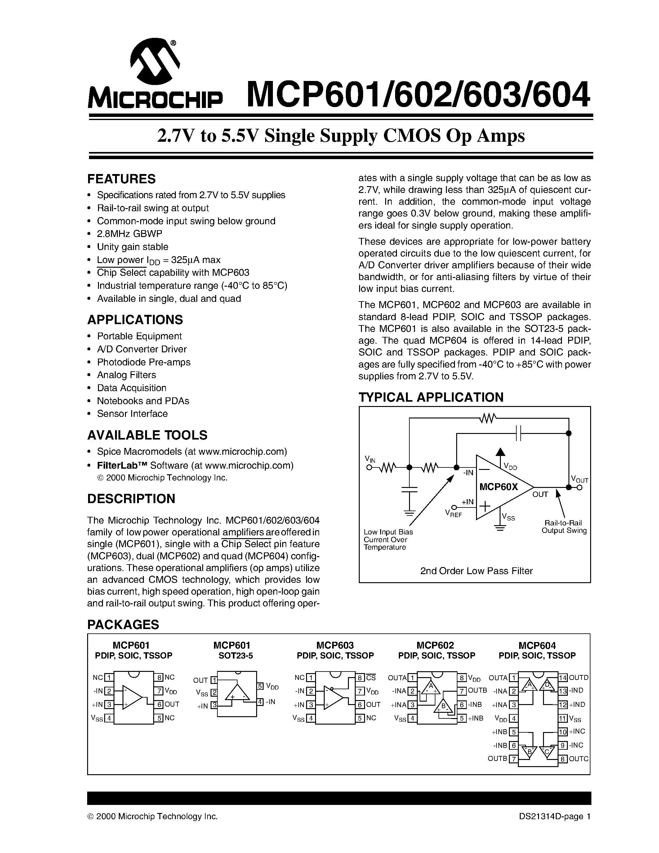 Datasheet MCP604-IP - 2.7V to 5.5V Single Supply CMOS Op Amps page 1