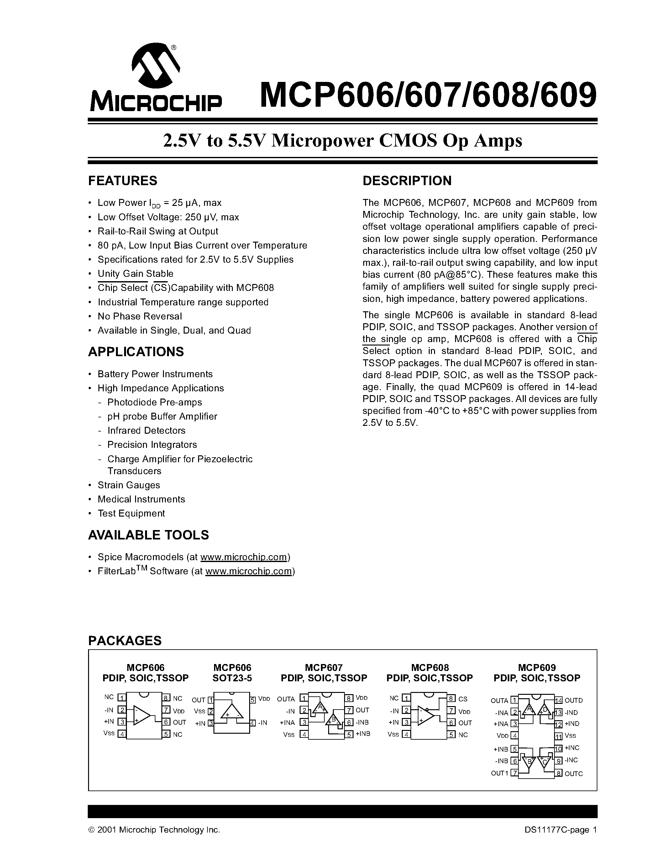 Datasheet MCP608 - 2.5V TO 5.5V MICROPOWER CMOS OP AMPS page 1