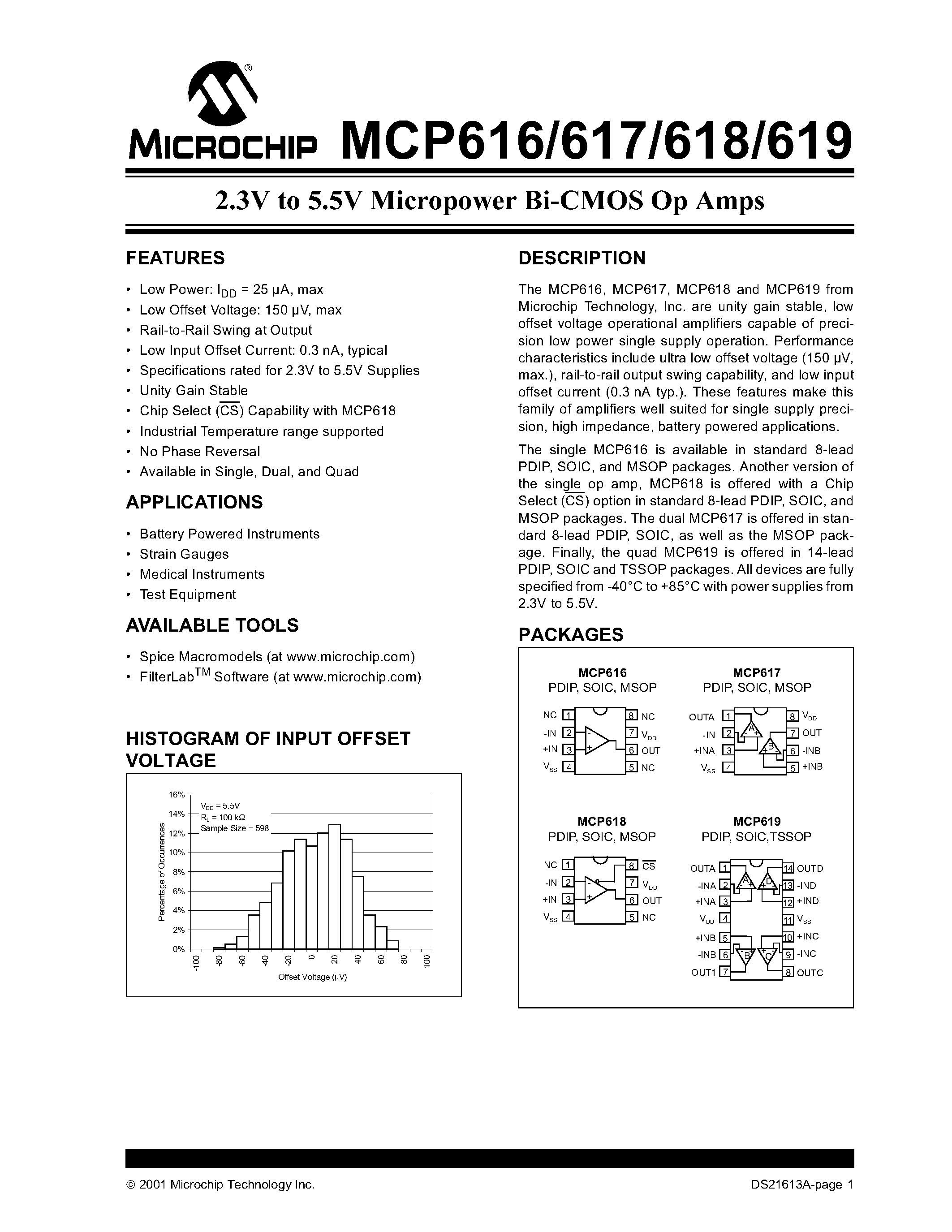 Datasheet MCP616 - 2.3V TO 5.5V MICROPOWER BI - CMOS OP AMPS page 1