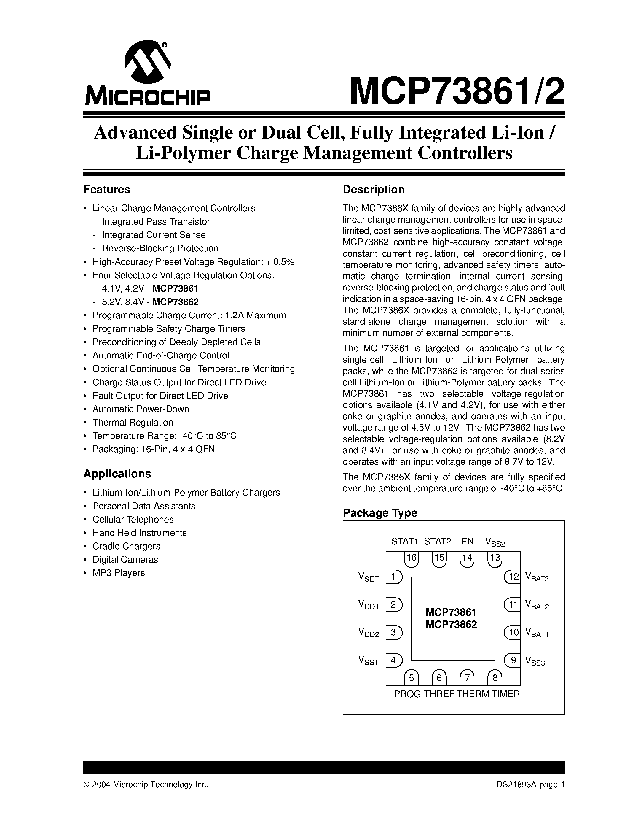 Datasheet MCP73862 - Advanced Single or Dual Cell / Fully Integrated Li-Ion / Li-Polymer Charge Management Controllers page 1