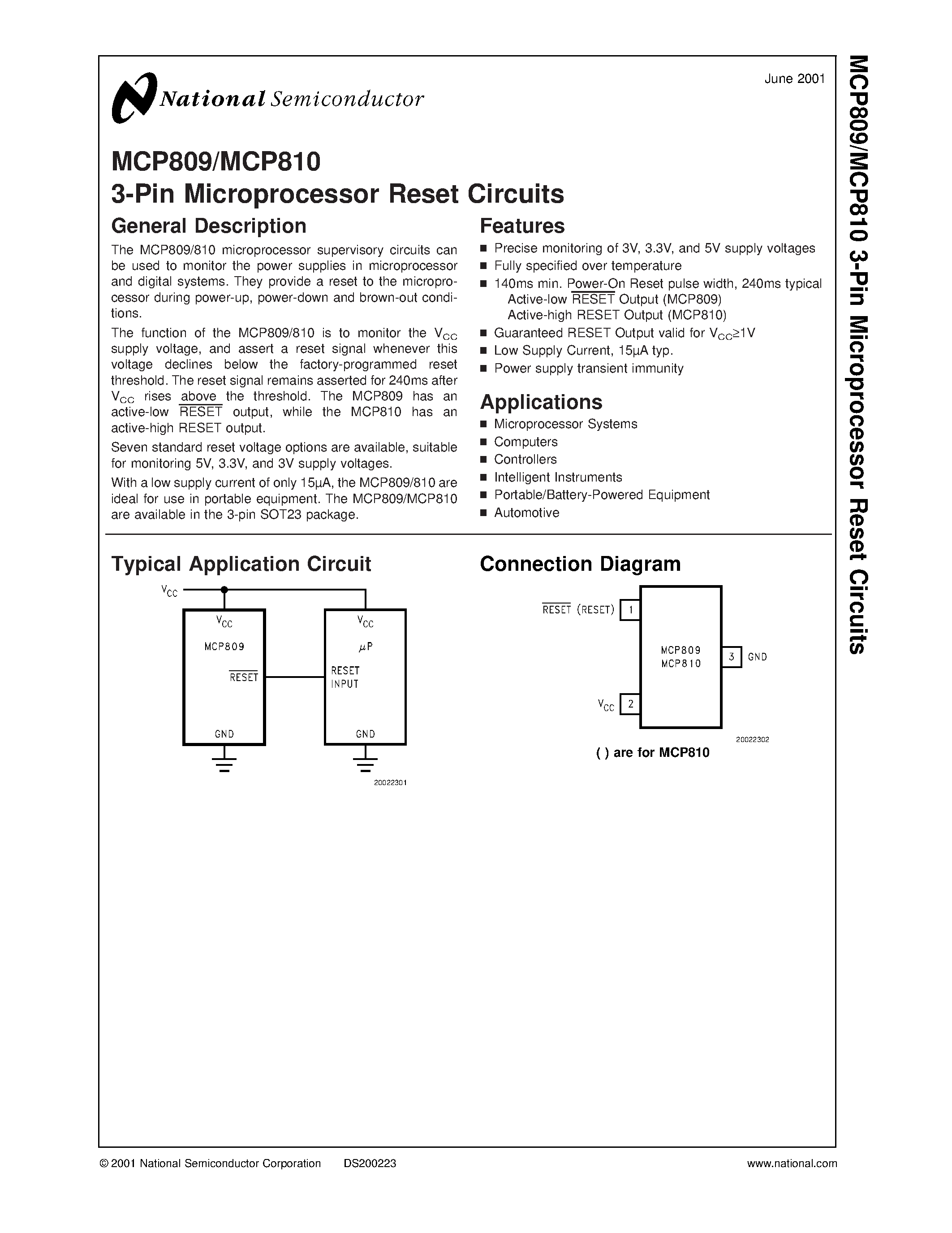 Datasheet MCP809 - 3-Pin Microprocessor Reset Circuits page 1