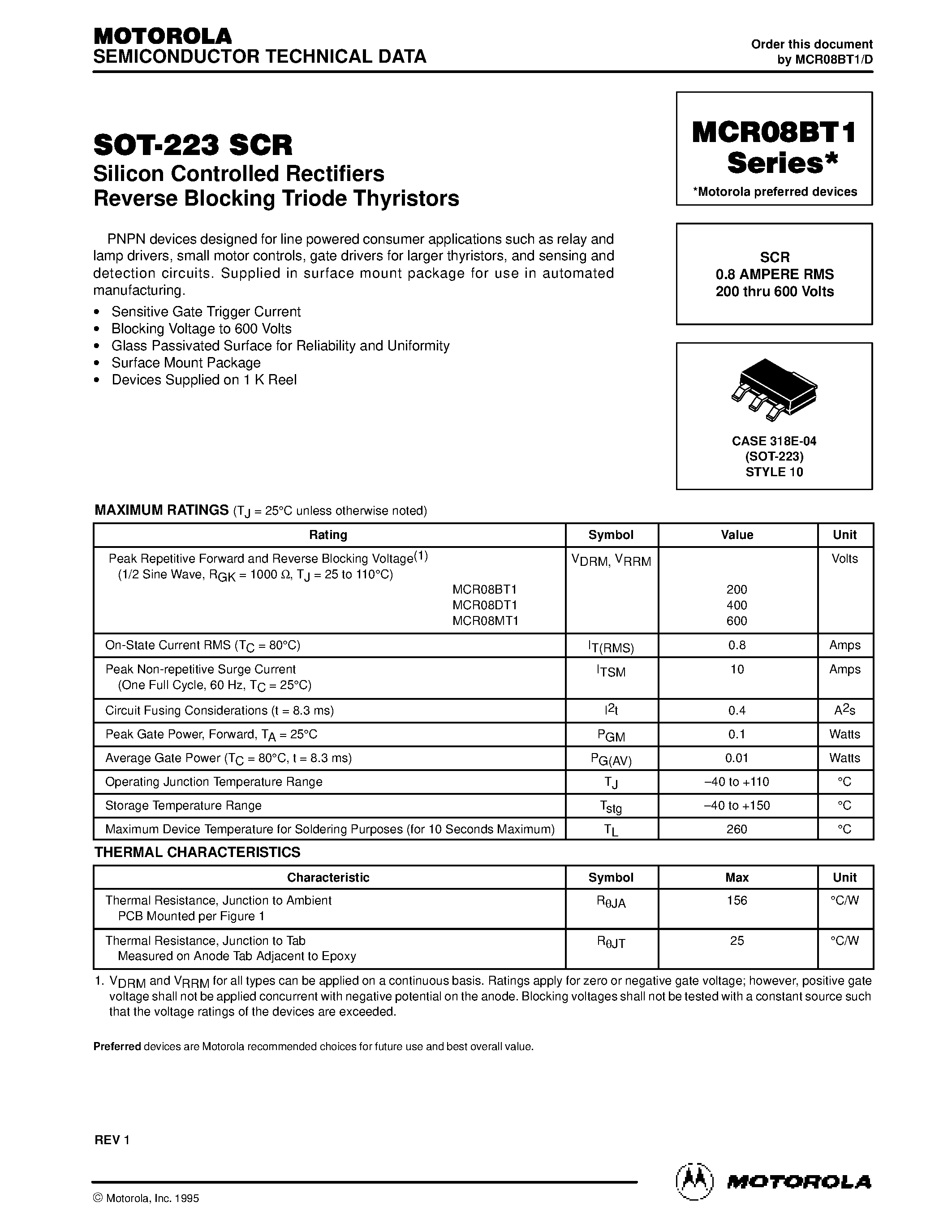 Даташит MCR08BT1 - SCR 0.8 AMPERE RMS 200 thru 600 Volts страница 1