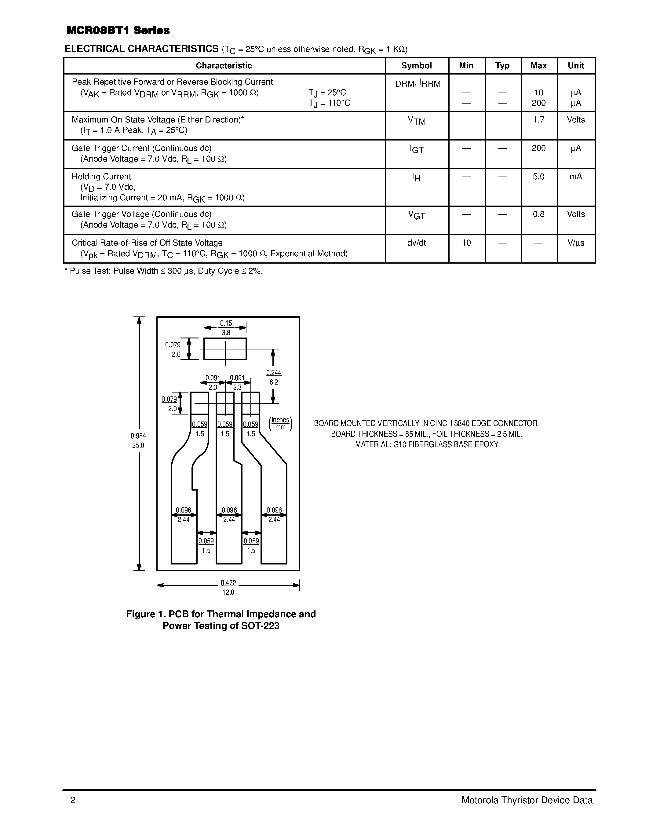Datasheet MCR08BT1 - SCR 0.8 AMPERE RMS 200 thru 600 Volts page 2