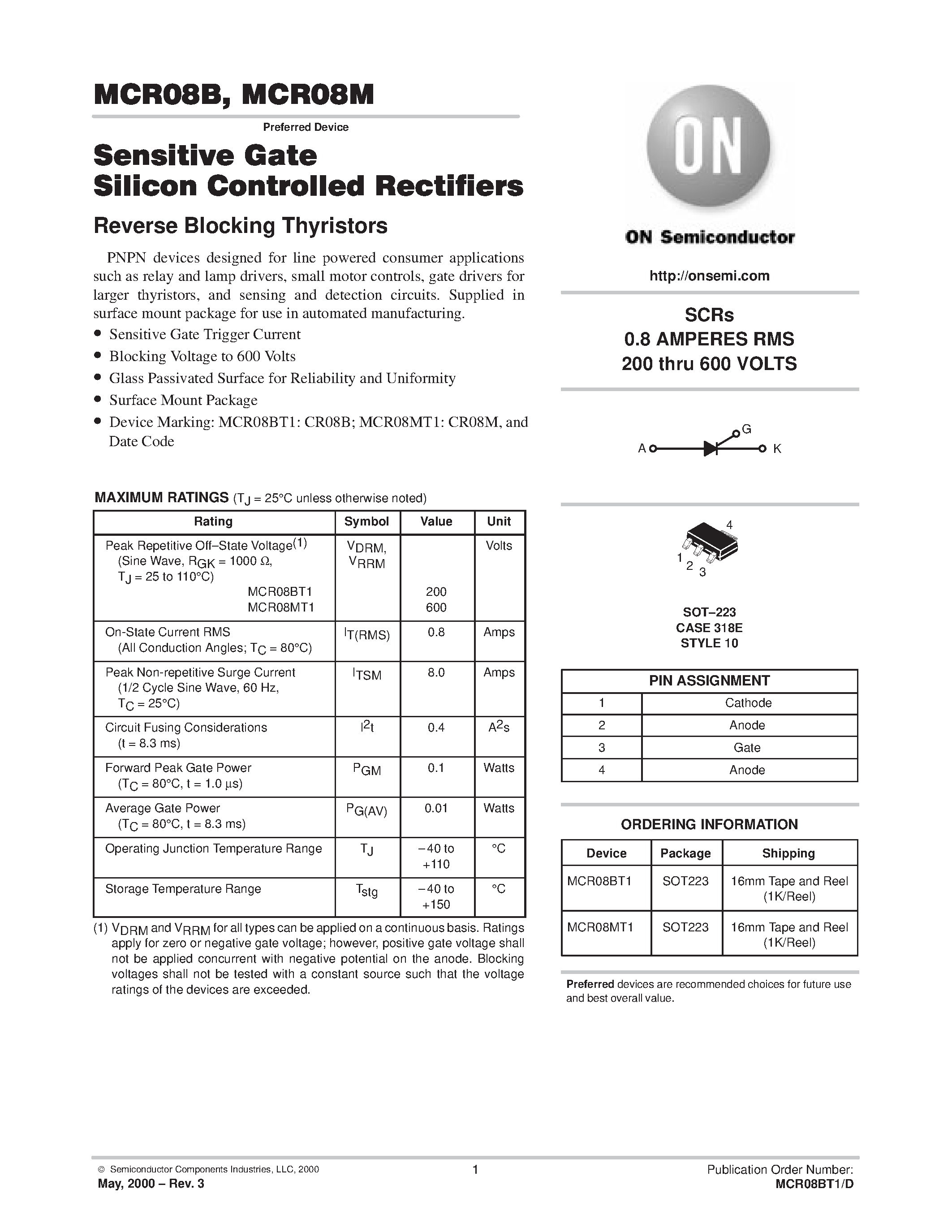 Datasheet MCR08MT1 - SENSITIVE GATE SILICON CONTROLLED RECTIFIERS page 1