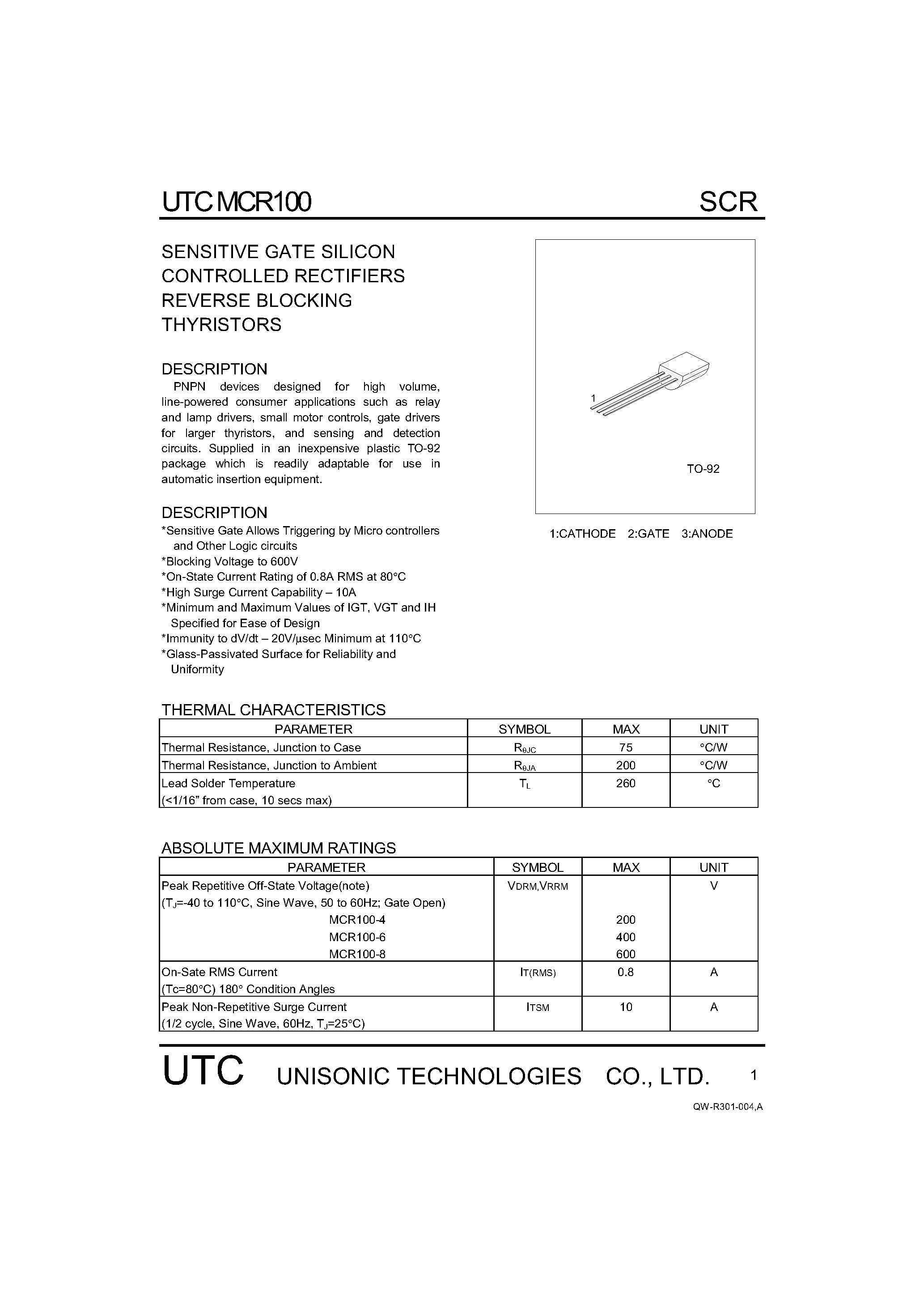 Даташит MCR100 - SENSITIVE GATE SILICON CONTROLLED RECTIFIERS REVERSE BLOCKING THYRISTORS страница 1