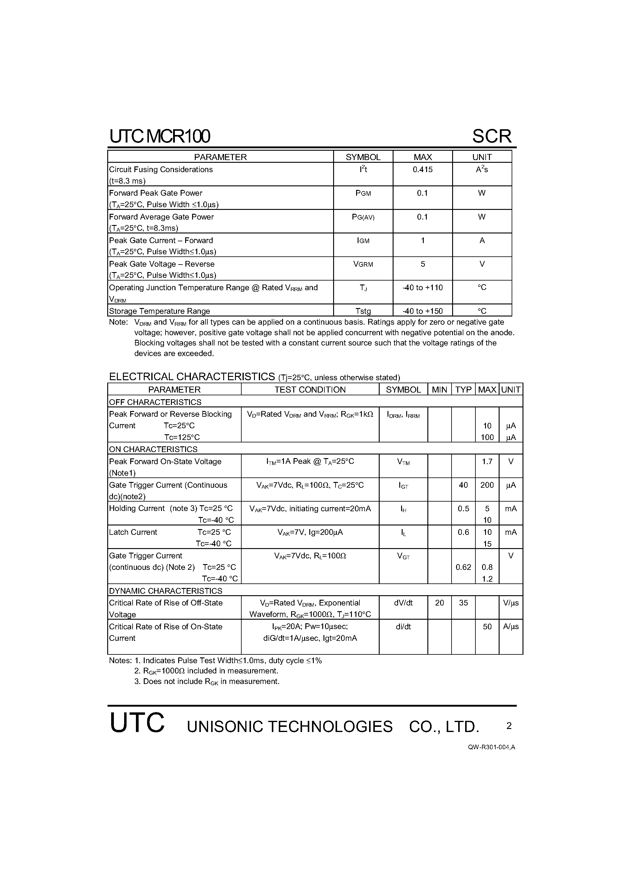 Даташит MCR100 - SENSITIVE GATE SILICON CONTROLLED RECTIFIERS REVERSE BLOCKING THYRISTORS страница 2