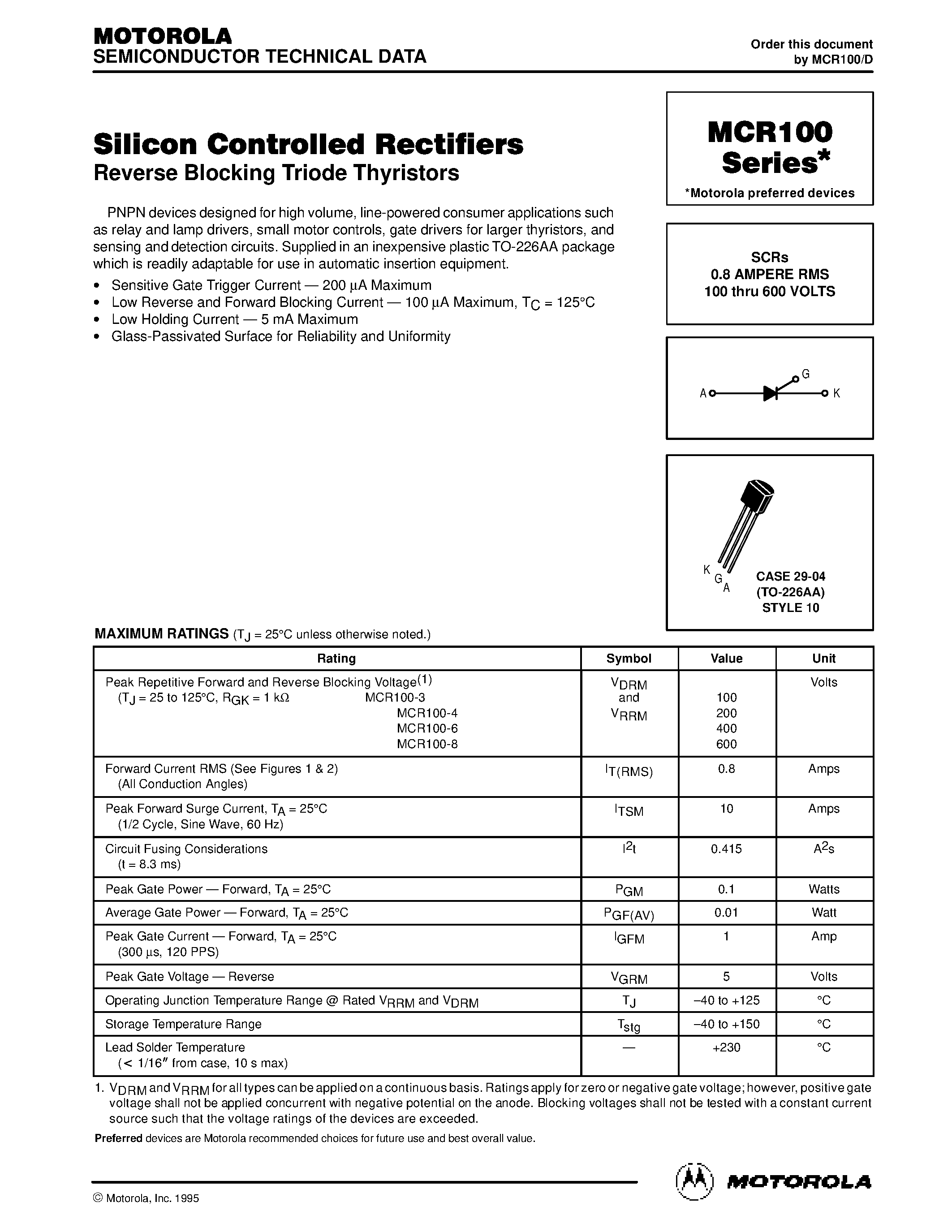 Даташит MCR100-3 - Silicon Controlled Rectifiers(Reverse Blocking Triode Thyristors) страница 1