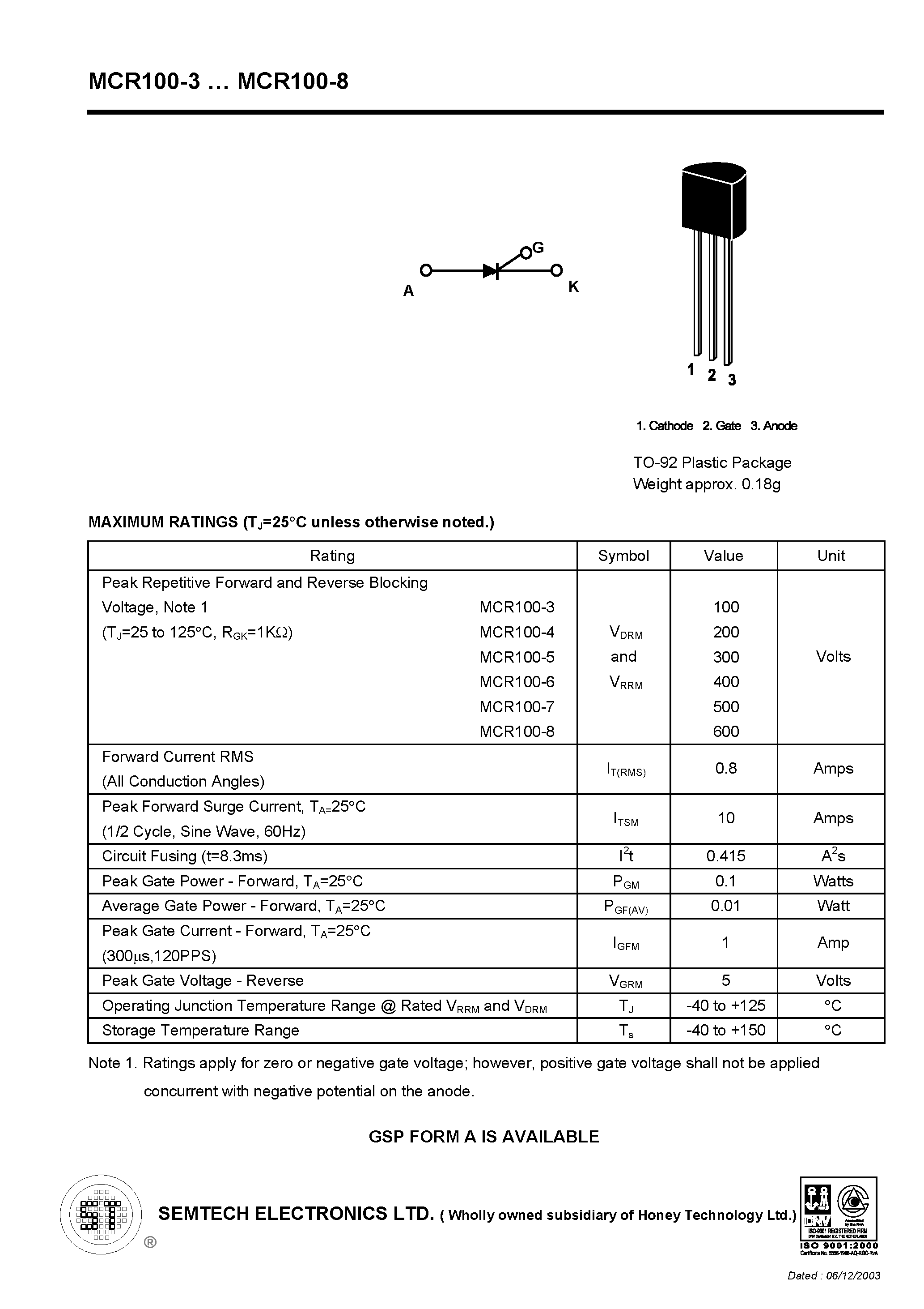 Datasheet MCR100-4 page 1 Datasheet MCR100-4 - SCR page 1