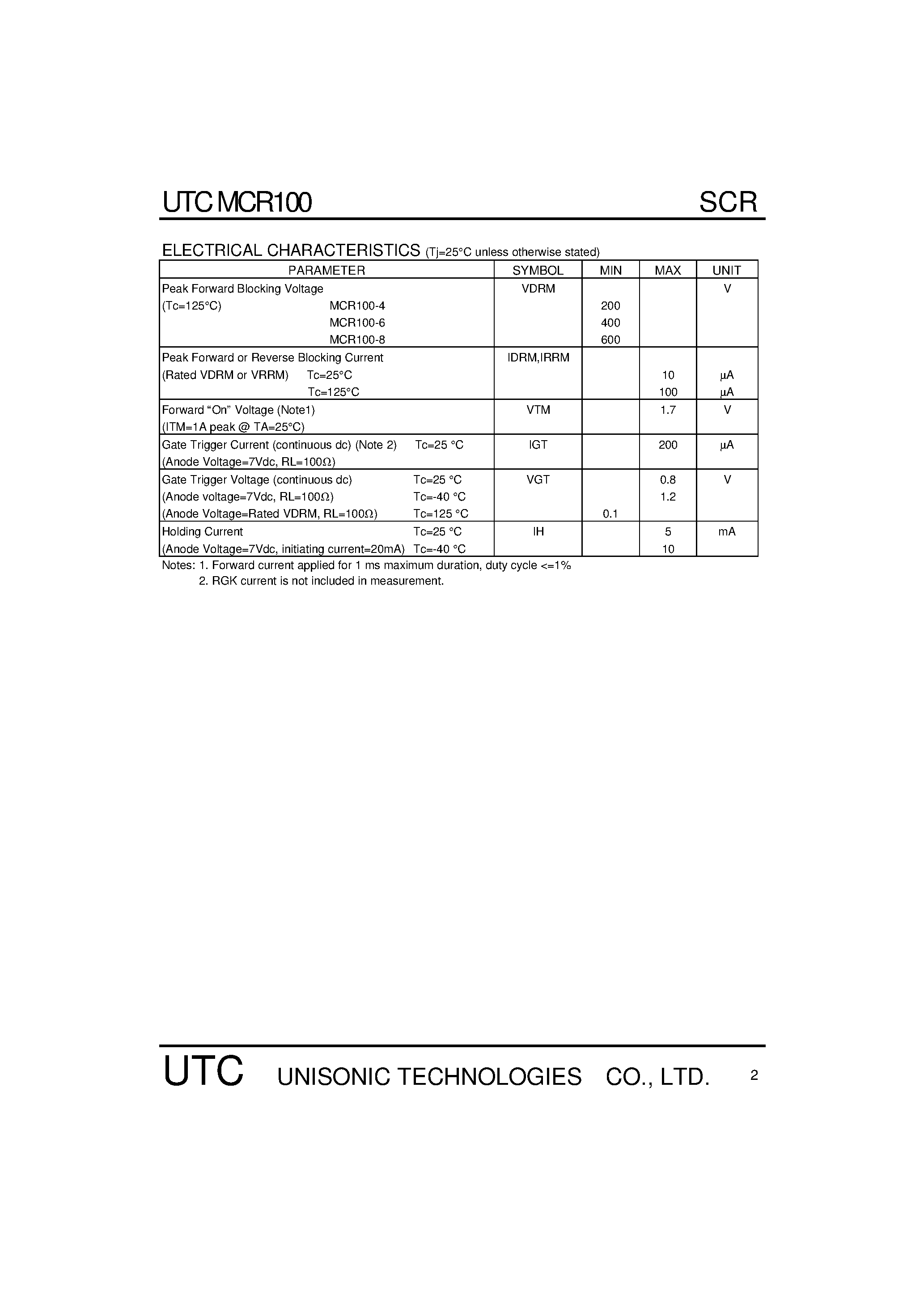 Даташит MCR100-6 - PLASTIC SILICON CONTROLLED RECTIFIERS(PNPN devices designed for high volume) страница 2