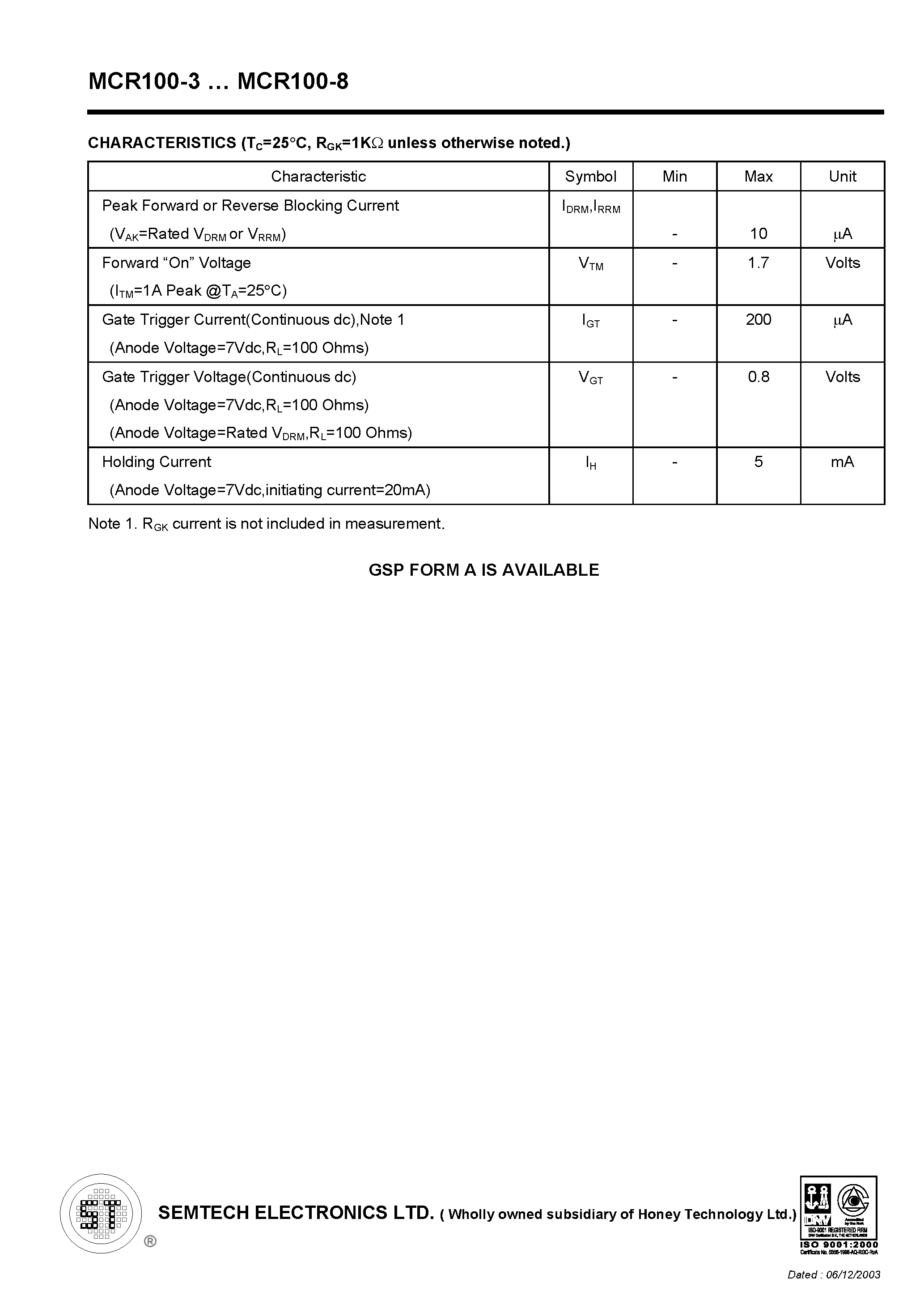 Datasheet MCR100-8 page 2 Datasheet MCR100-8 - SCR page 2