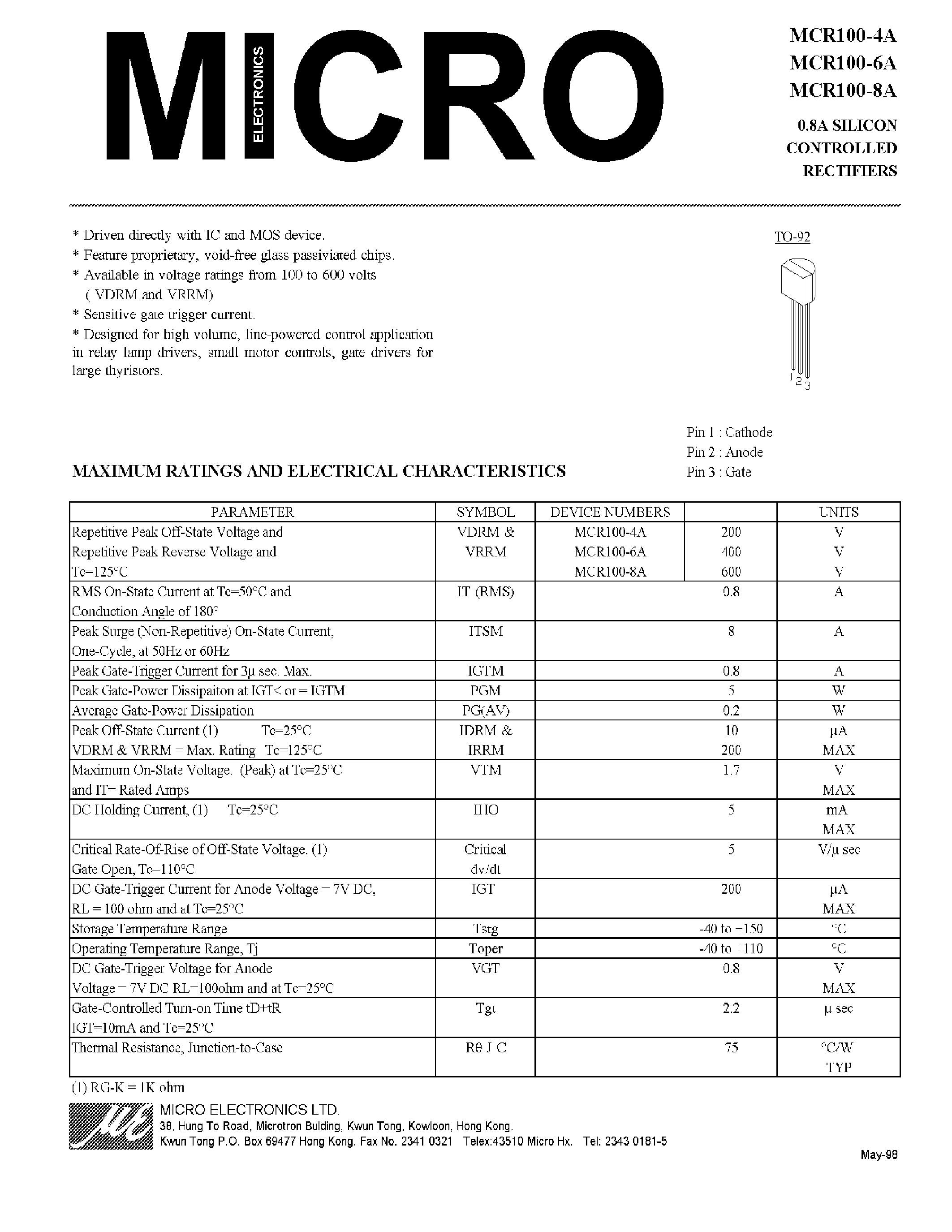 Datasheet MCR100-8A page 1 Datasheet MCR100-8A - 0.8A SCR page 1