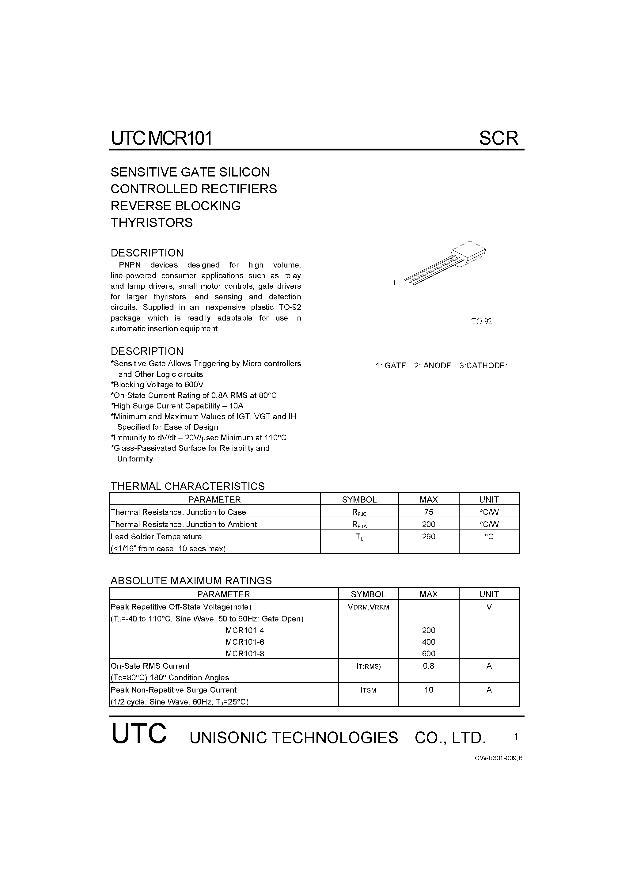 Datasheet MCR101-4 - SENSITIVE GATE SILICON CONTROLLED RECTIFIERS REVERSE BLOCKING THYRISTORS page 1