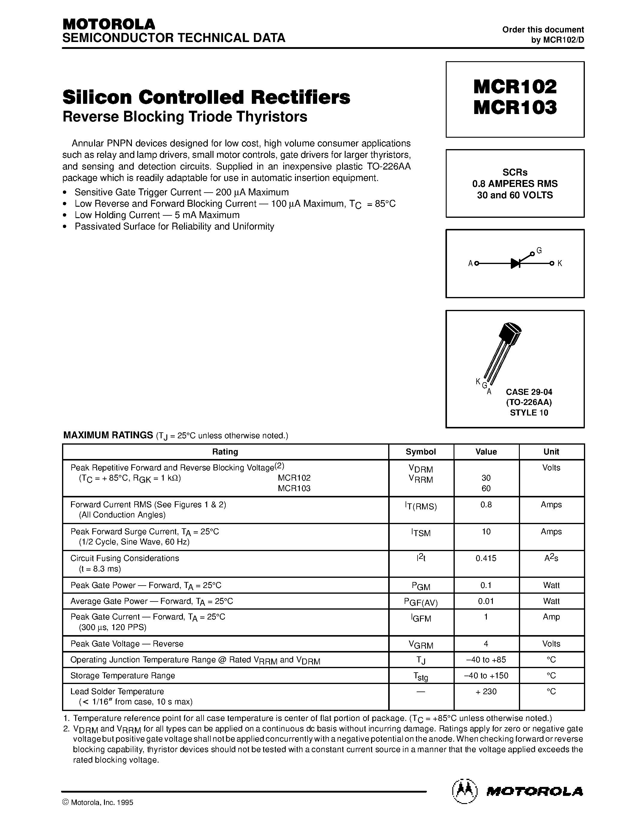 Datasheet MCR102 page 1 Datasheet MCR102 - Silicon Controlled Rectifiers page 1