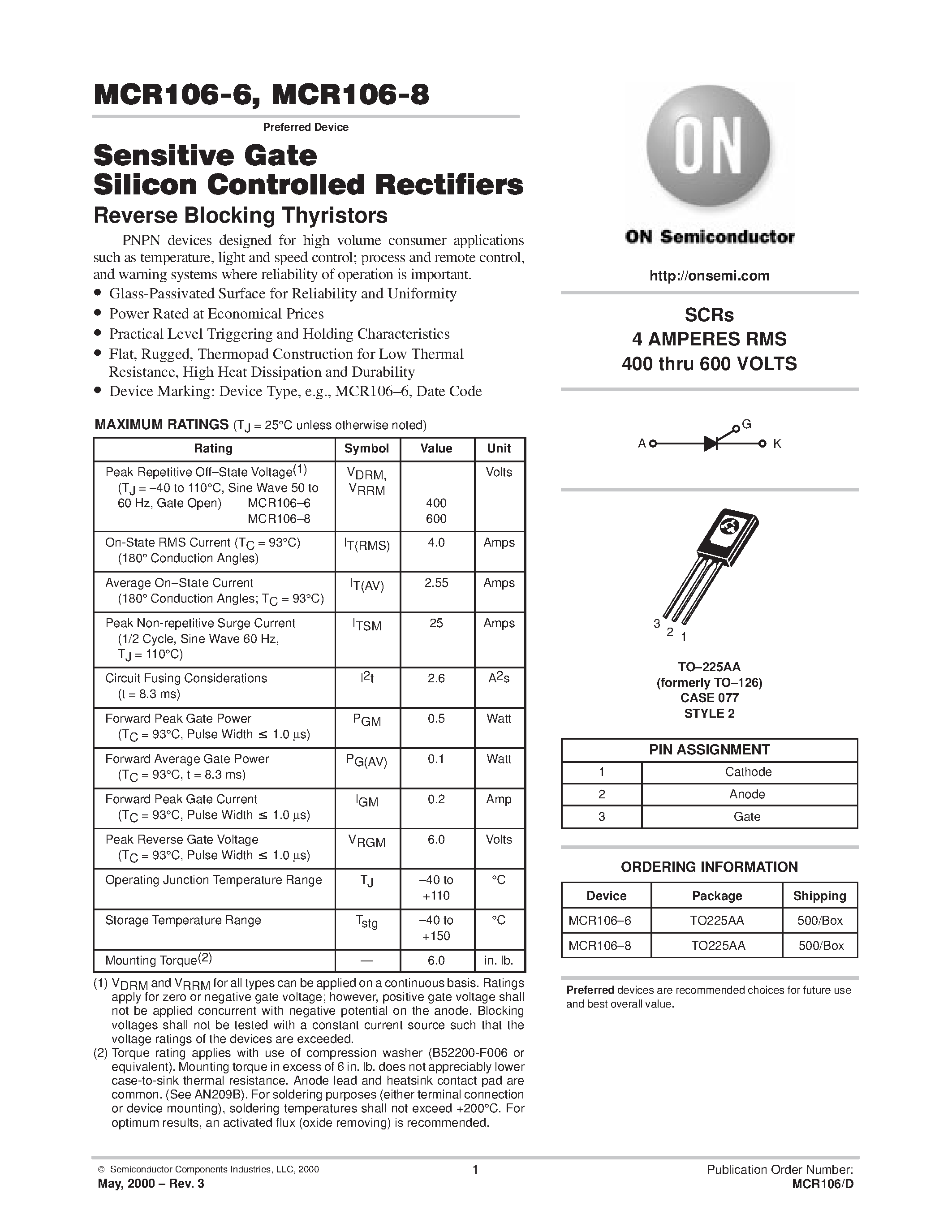 Datasheet MCR106 page 1 Datasheet MCR106 - Sensitive Gate Silicon Controlled Rectifiers page 1