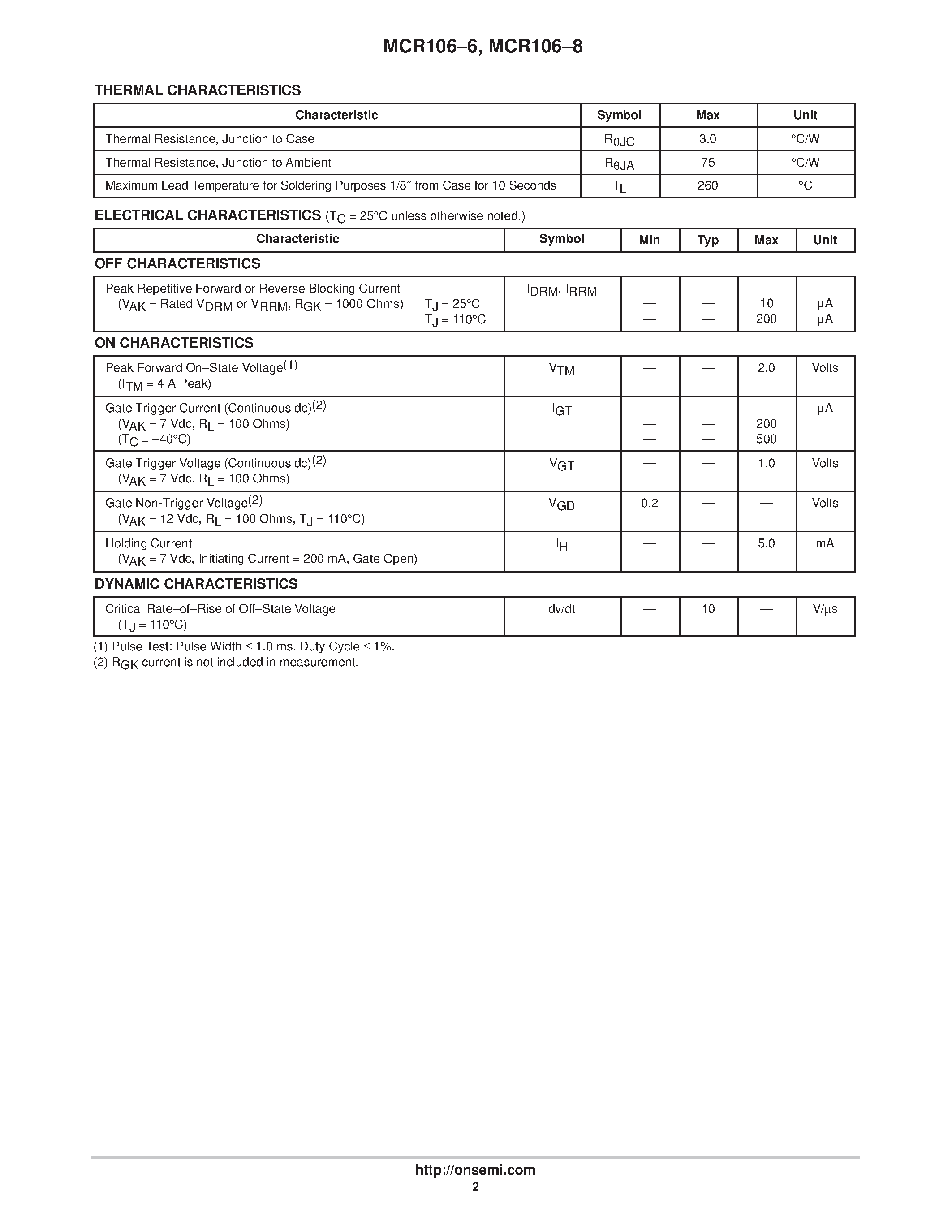 Datasheet MCR106-8 page 2 Datasheet MCR106-8 - Sensitive Gate Silicon Controlled Rectifiers page 2