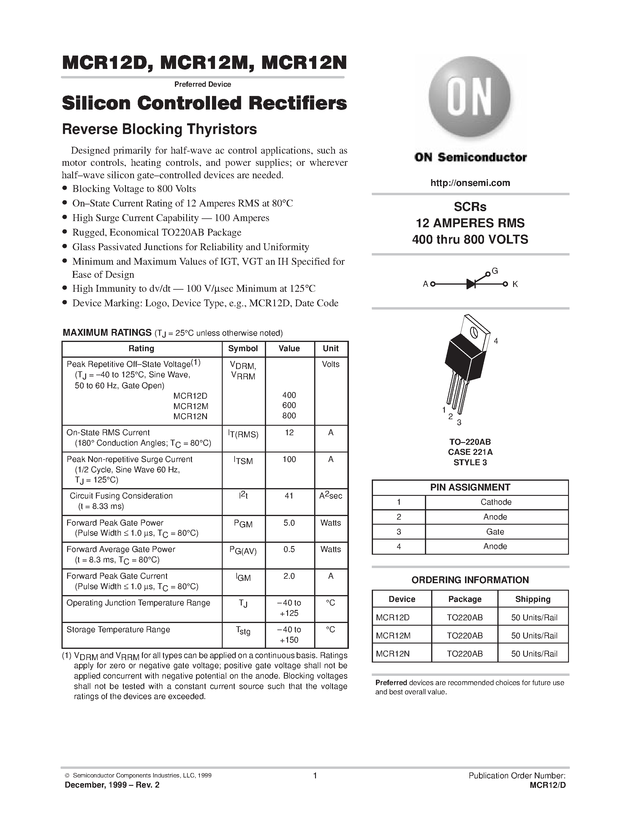 Datasheet MCR12N - Silicon Controlled Rectifiers page 1