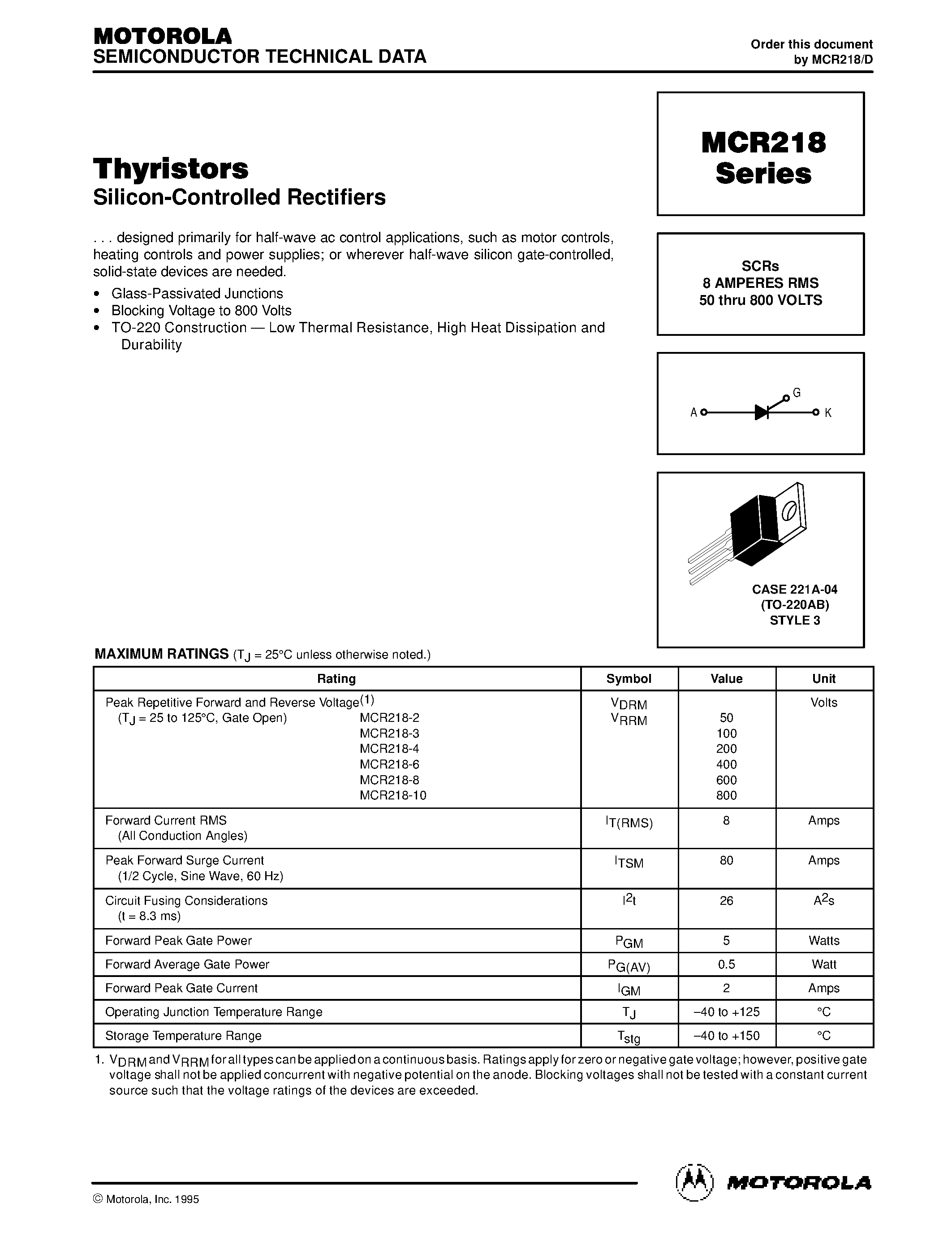 Datasheet MCR218 page 1 Datasheet MCR218 - Thyristors(Silicon Controlled Rectifiers) page 1