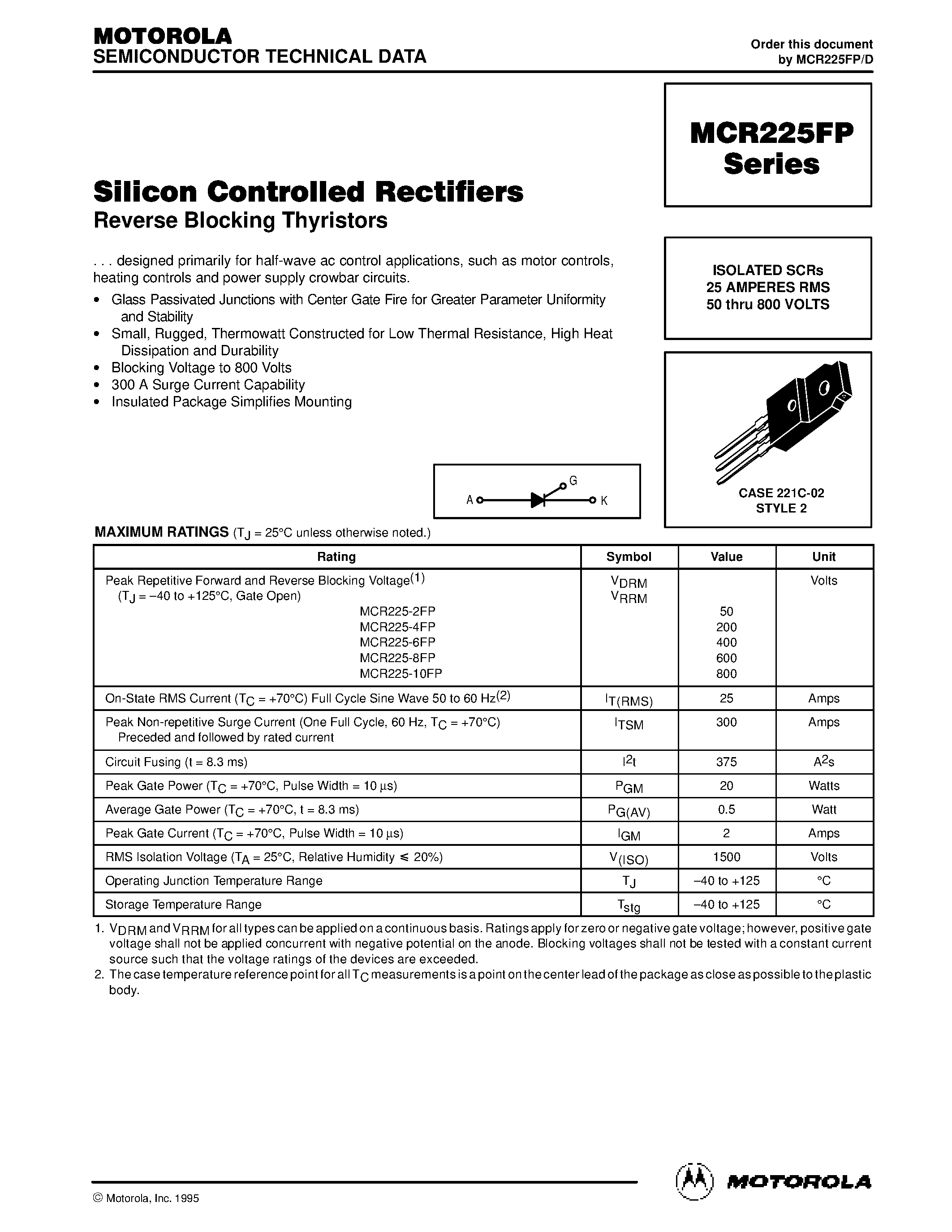 Datasheet MCR225FP - Silicon Controlled Rectifiers page 1