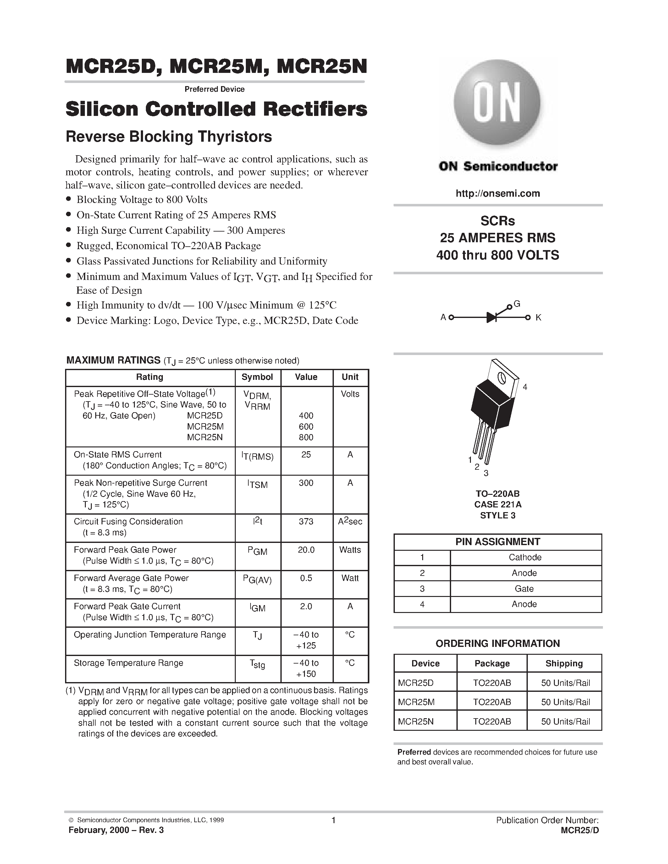 Datasheet MCR25M page 1 Datasheet MCR25M - SILICON CONTROLLED RECTIFIERS page 1
