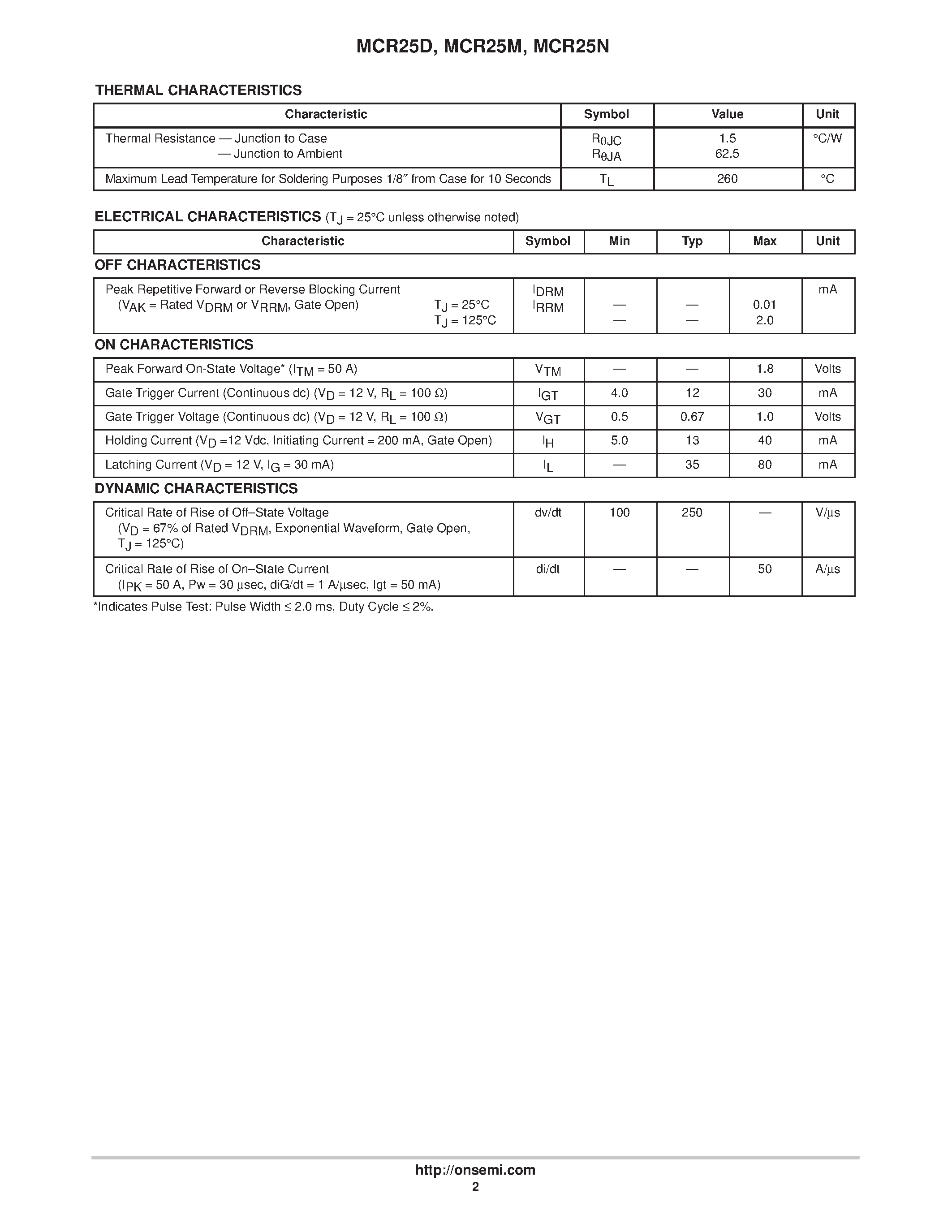Datasheet MCR25N - SILICON CONTROLLED RECTIFIERS page 2