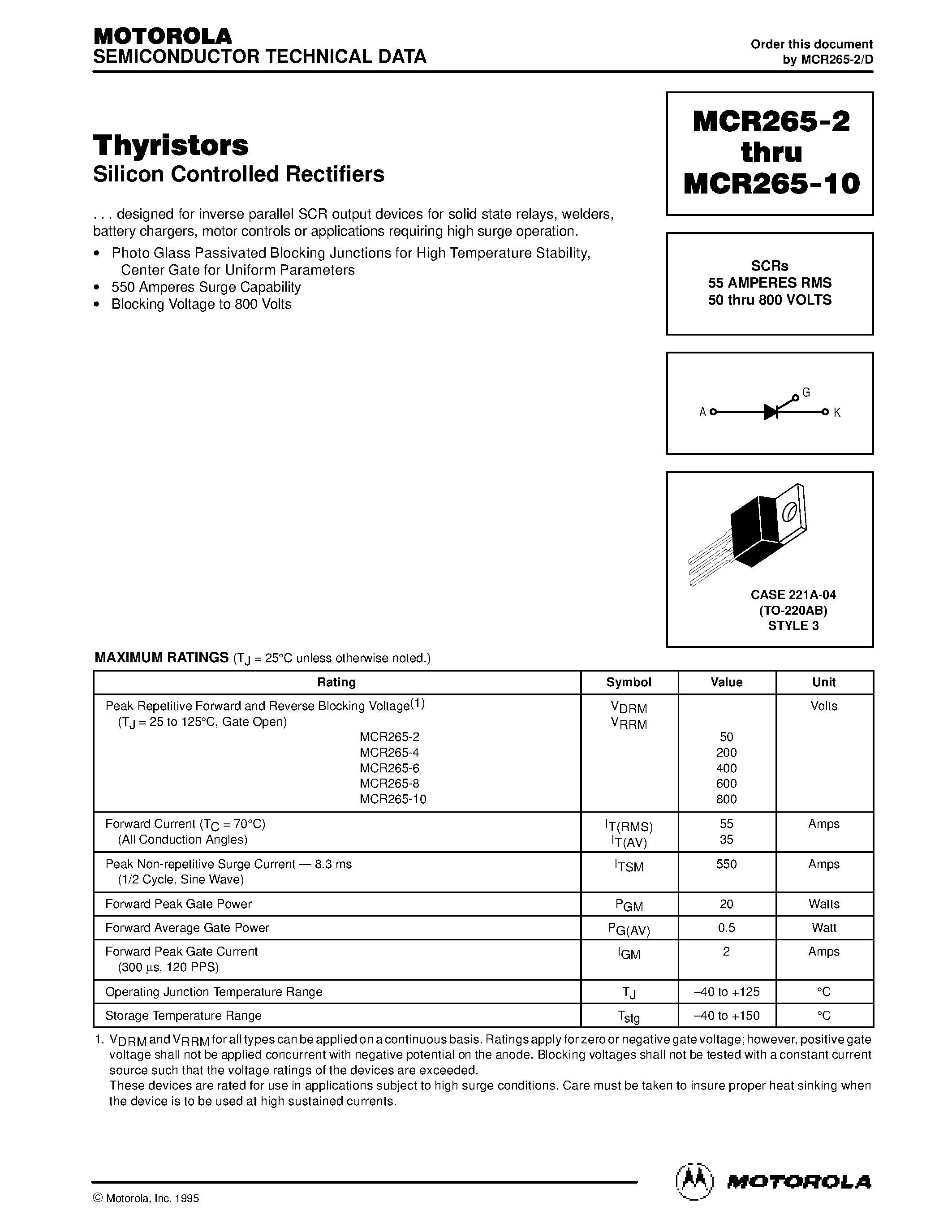 Datasheet MCR265-3 page 1 Datasheet MCR265-3 - Thyristors page 1