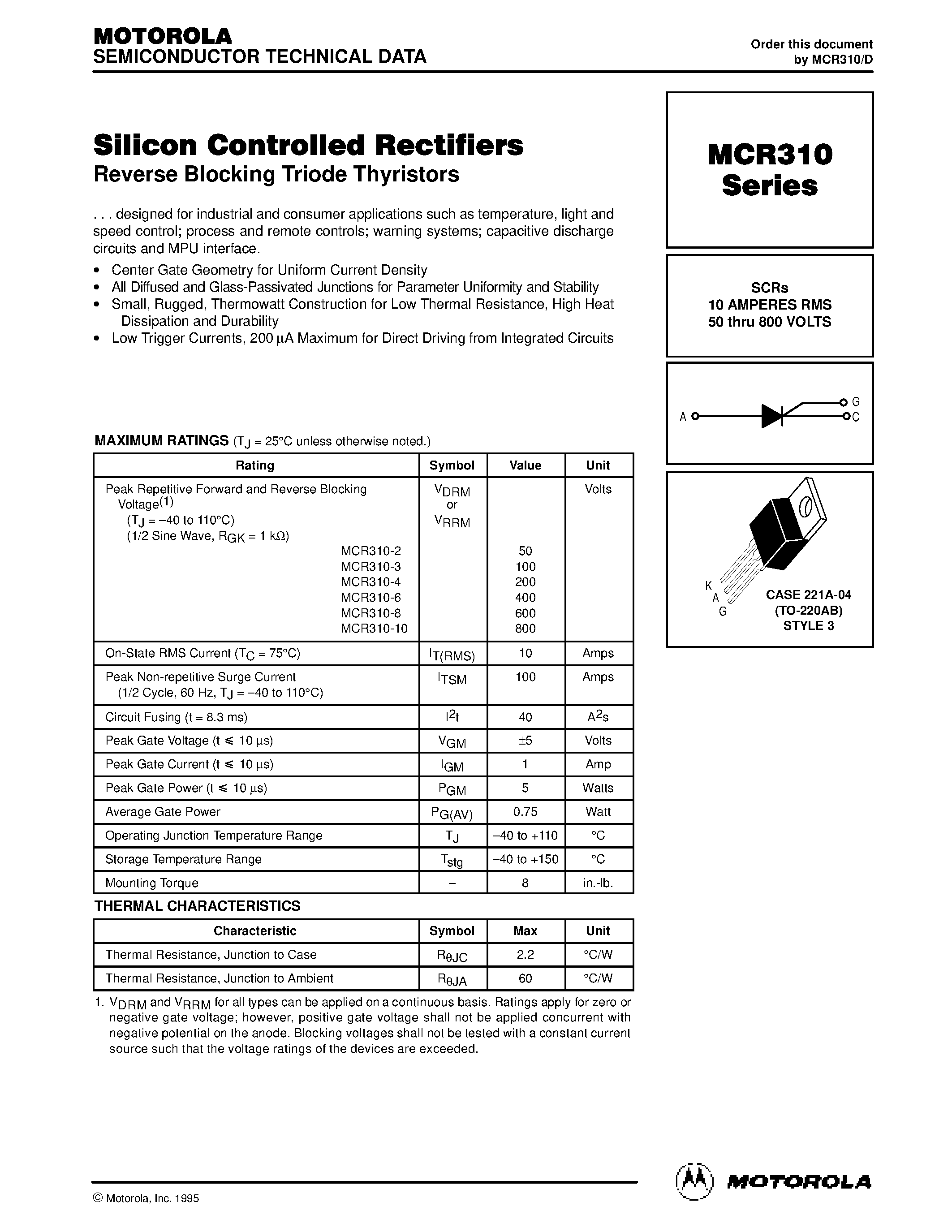Datasheet MCR310 - Silicon Controlled Rectifiers page 1