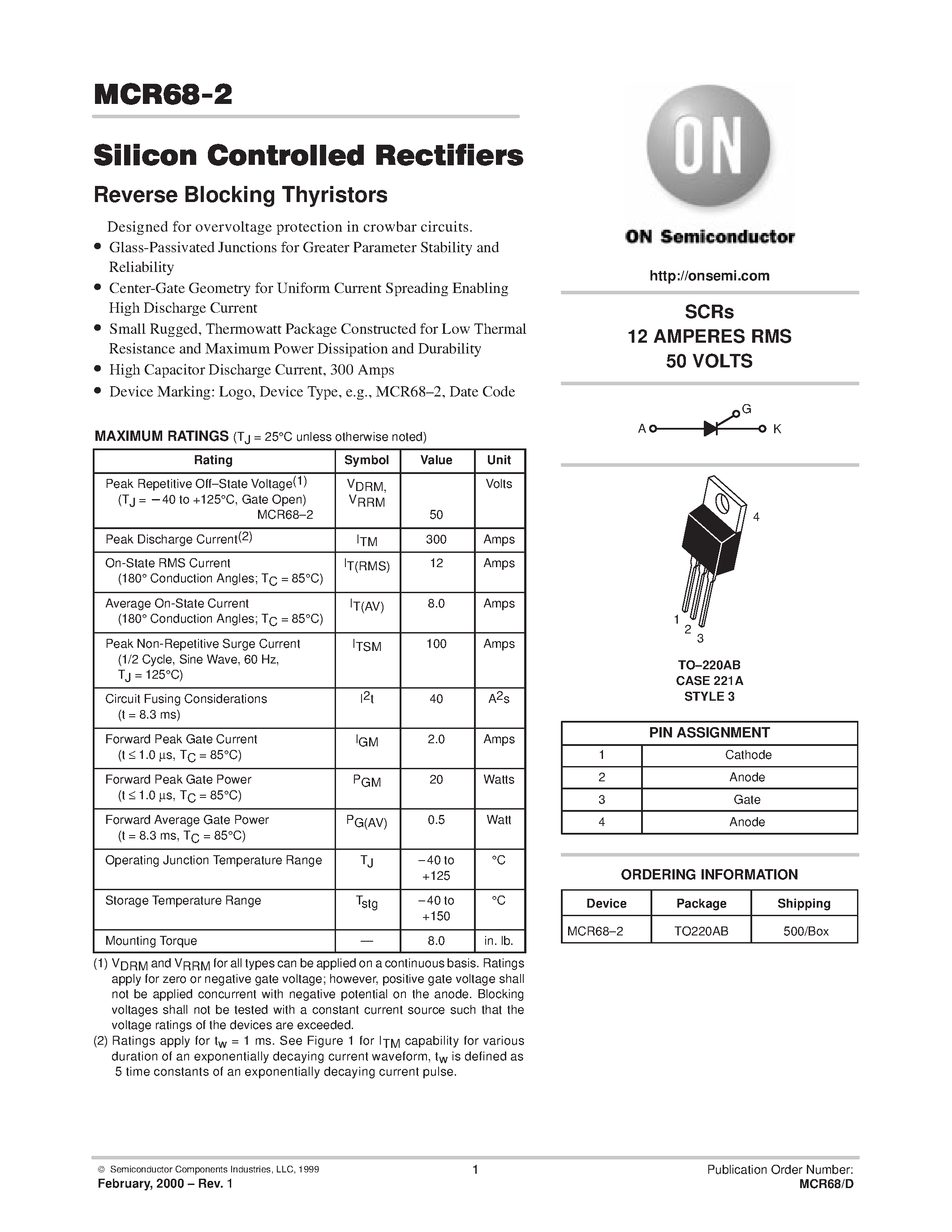 Даташит MCR68-2 - SILICON CONTROLLED RECTIFIERS страница 1