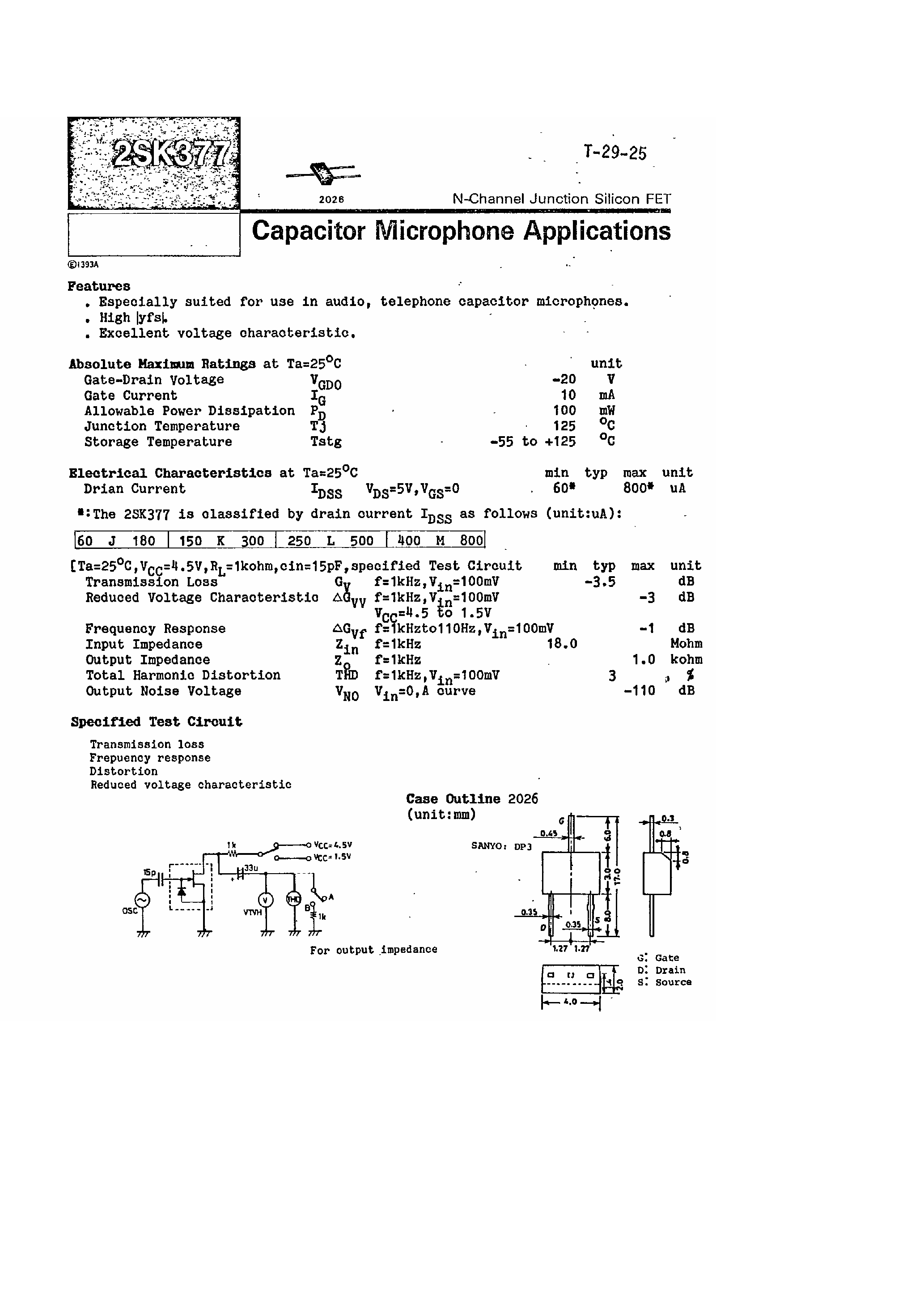 Даташит на микросхему 2SK377 страница 1 Даташит 2SK377 - Capacitor Microphone Applications страница 1
