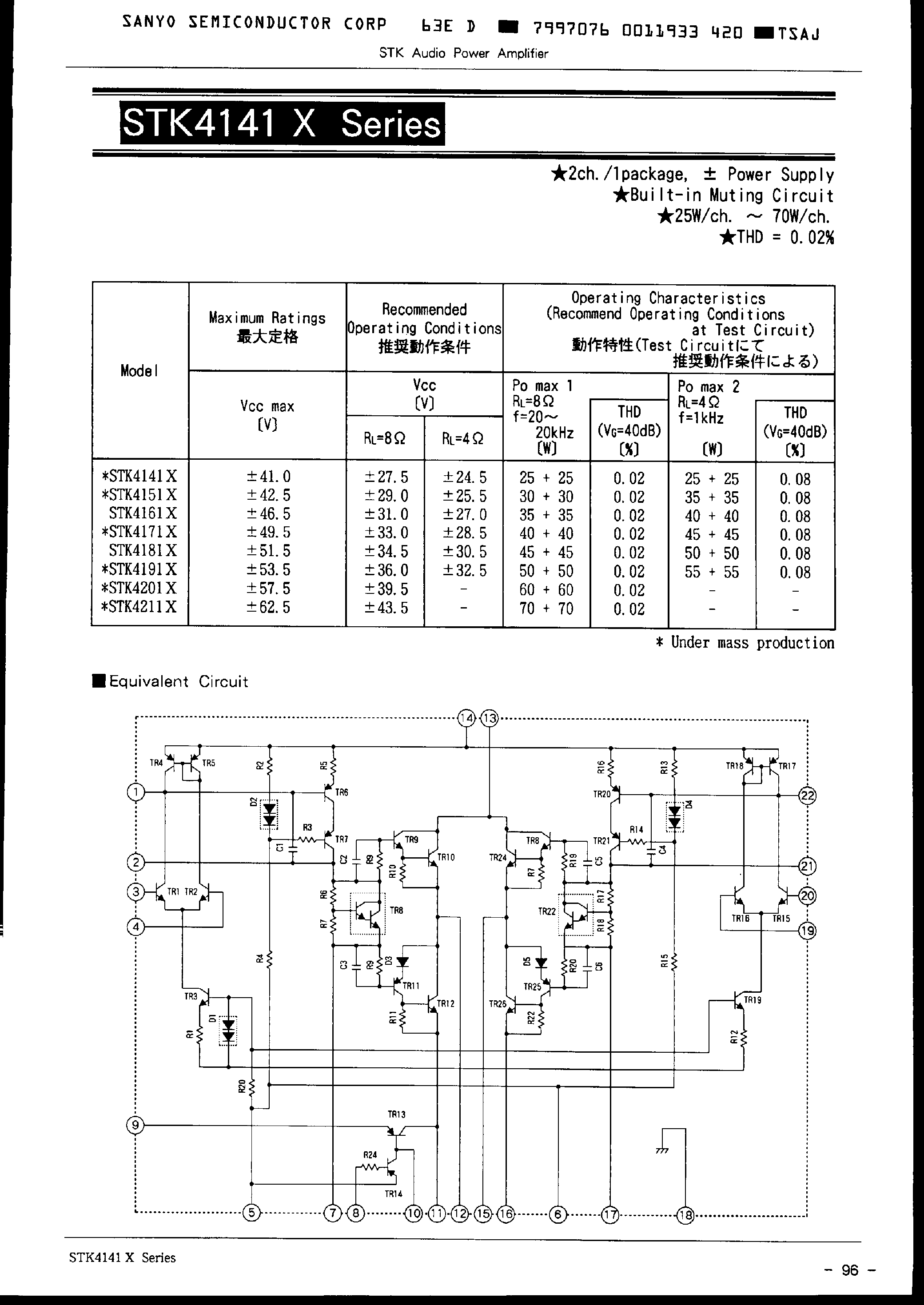 Datasheet STK4161 page 1 Datasheet STK4161 - 2ch /1packge / +- Power Supply Built-in Muting Circuit 25W/ch ~ 70W/ch THD=0.02% page 1