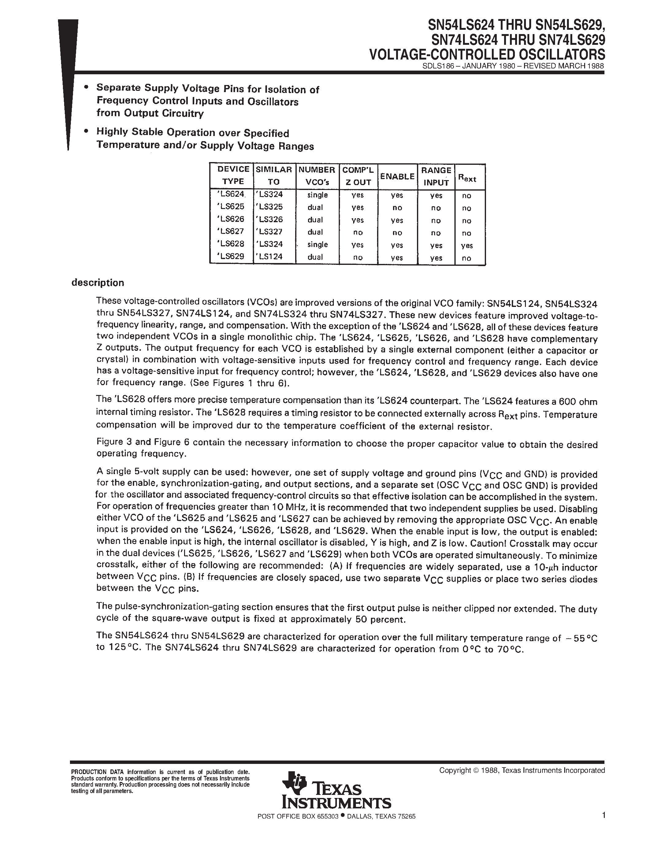 Datasheet SN74LS624 page 1 Datasheet SN74LS624 - VOLTAGE-CONTROLLED OSCILLATORS page 1