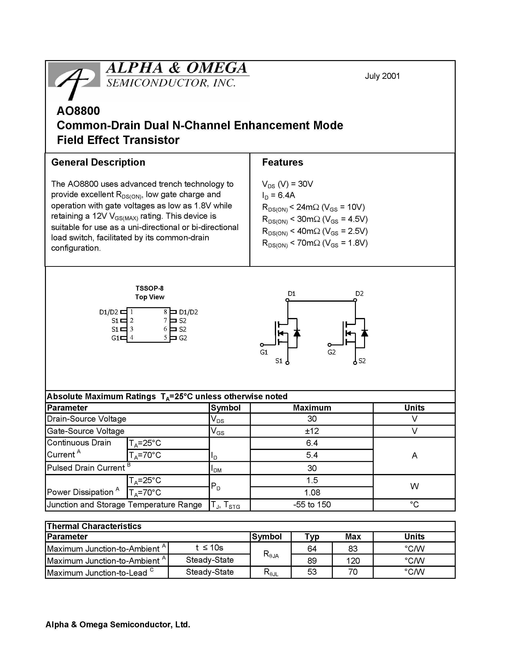 Datasheet AO8800 - Common-Drain Dual N-Channel Enhancement Mode Field Effect Transistor page 1