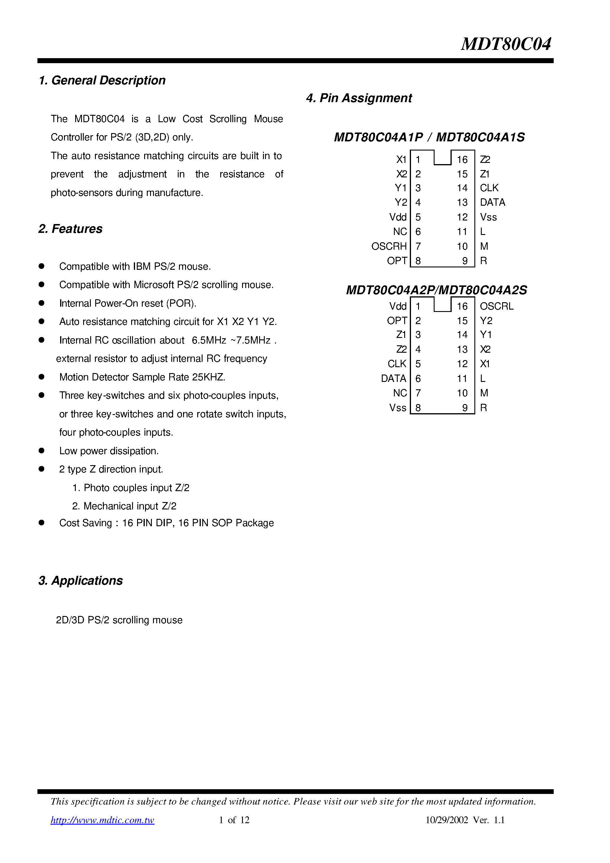 Datasheet MDT80C04 - Low Cost Scrolling Mouse Controller for PS/2 page 1