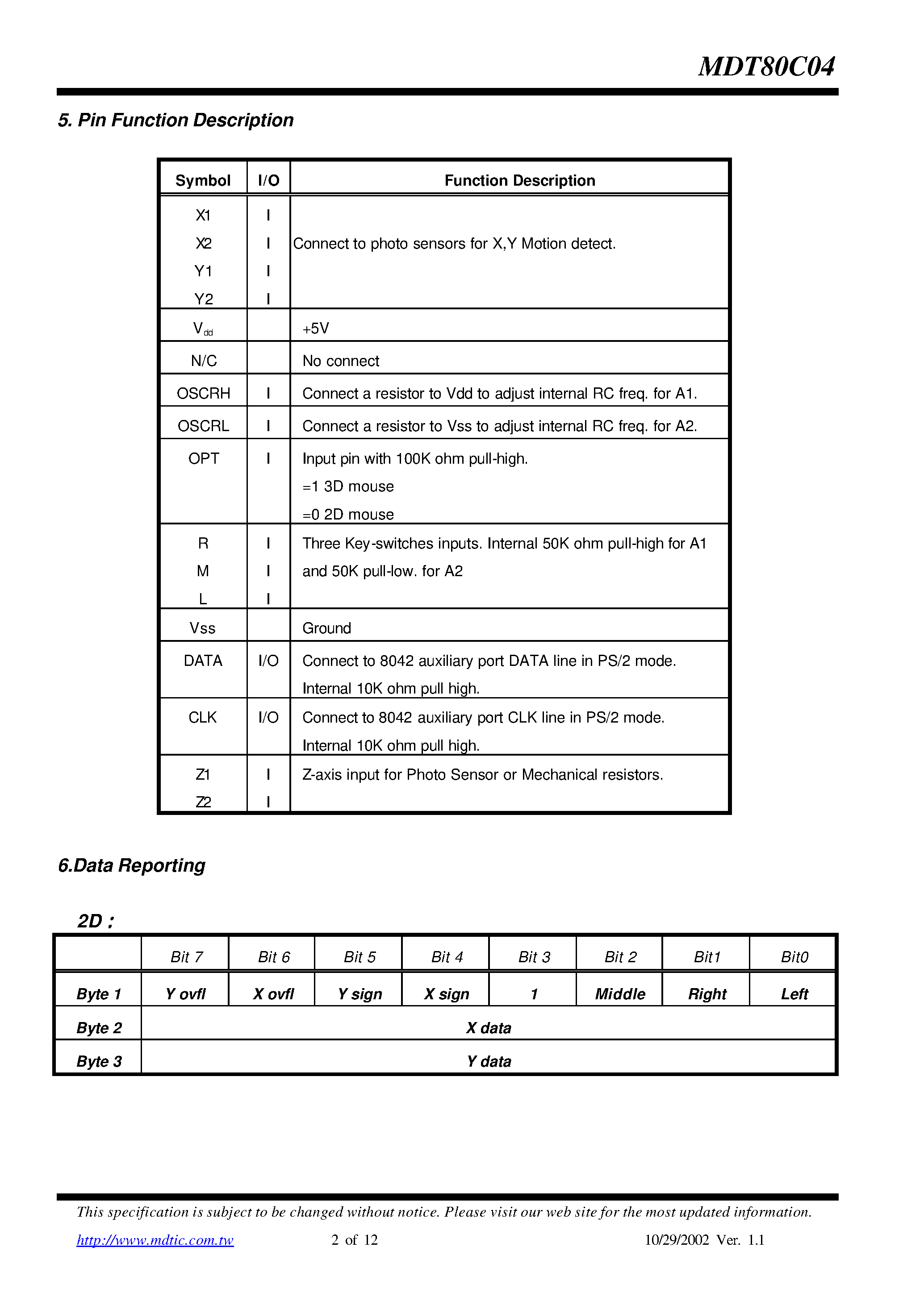 Datasheet MDT80C04 - Low Cost Scrolling Mouse Controller for PS/2 page 2