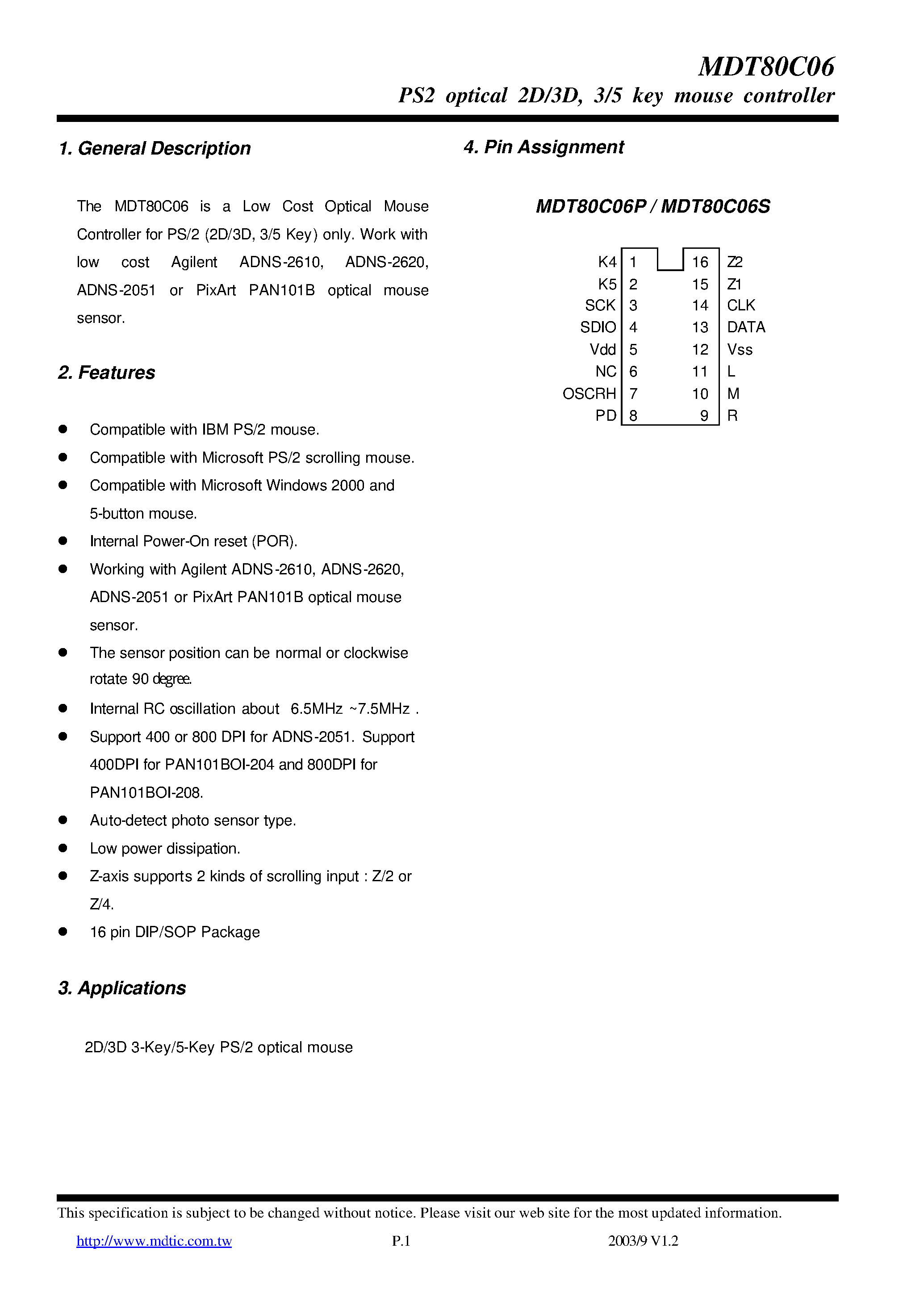 Datasheet MDT80C06 - Low Cost Scrolling Mouse Controller for PS/2 page 1