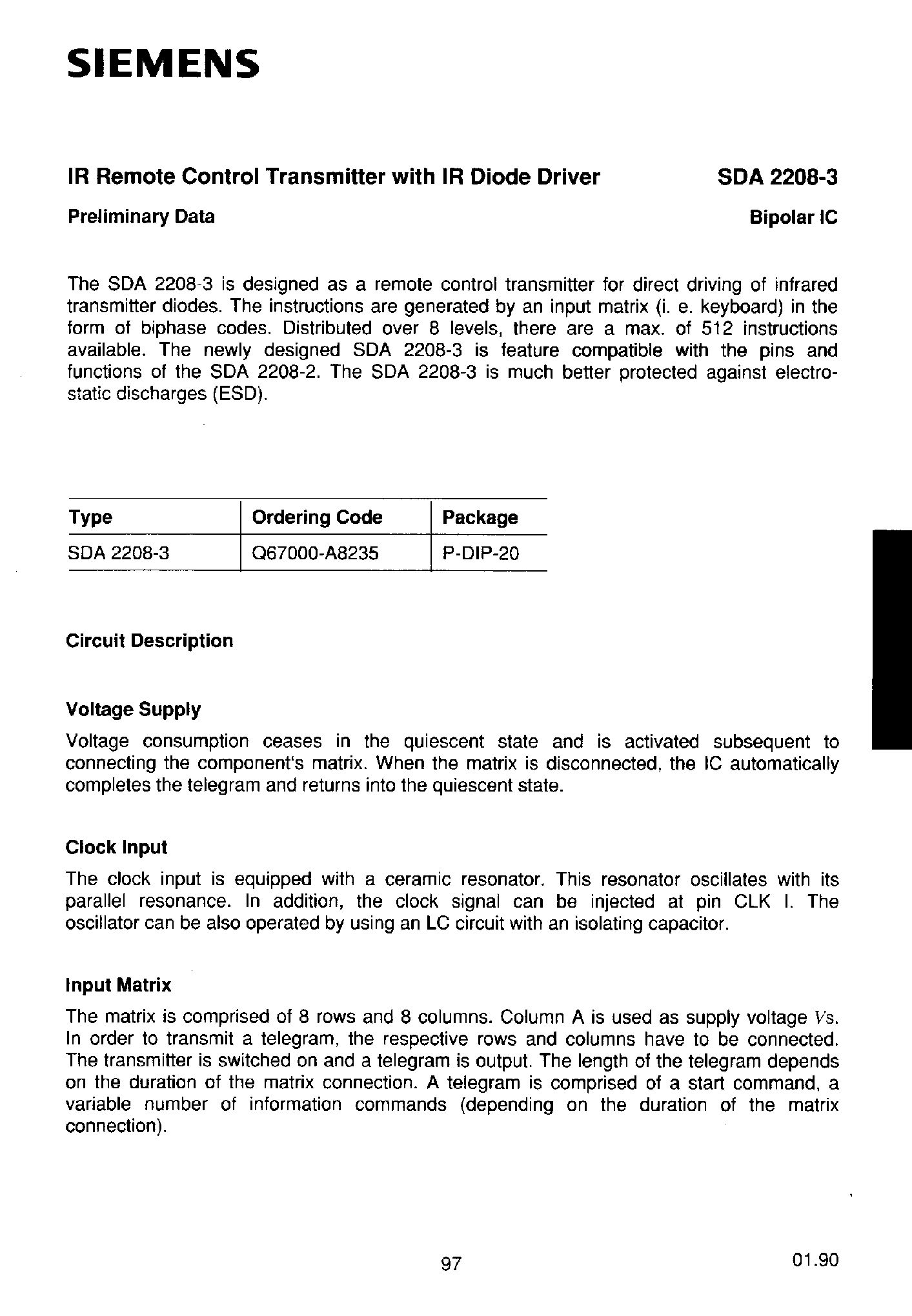 Datasheet SDA2208-3 - IR REMOTE CONTROL TRANSMITTER WITH IR DIODE DRIVER page 1