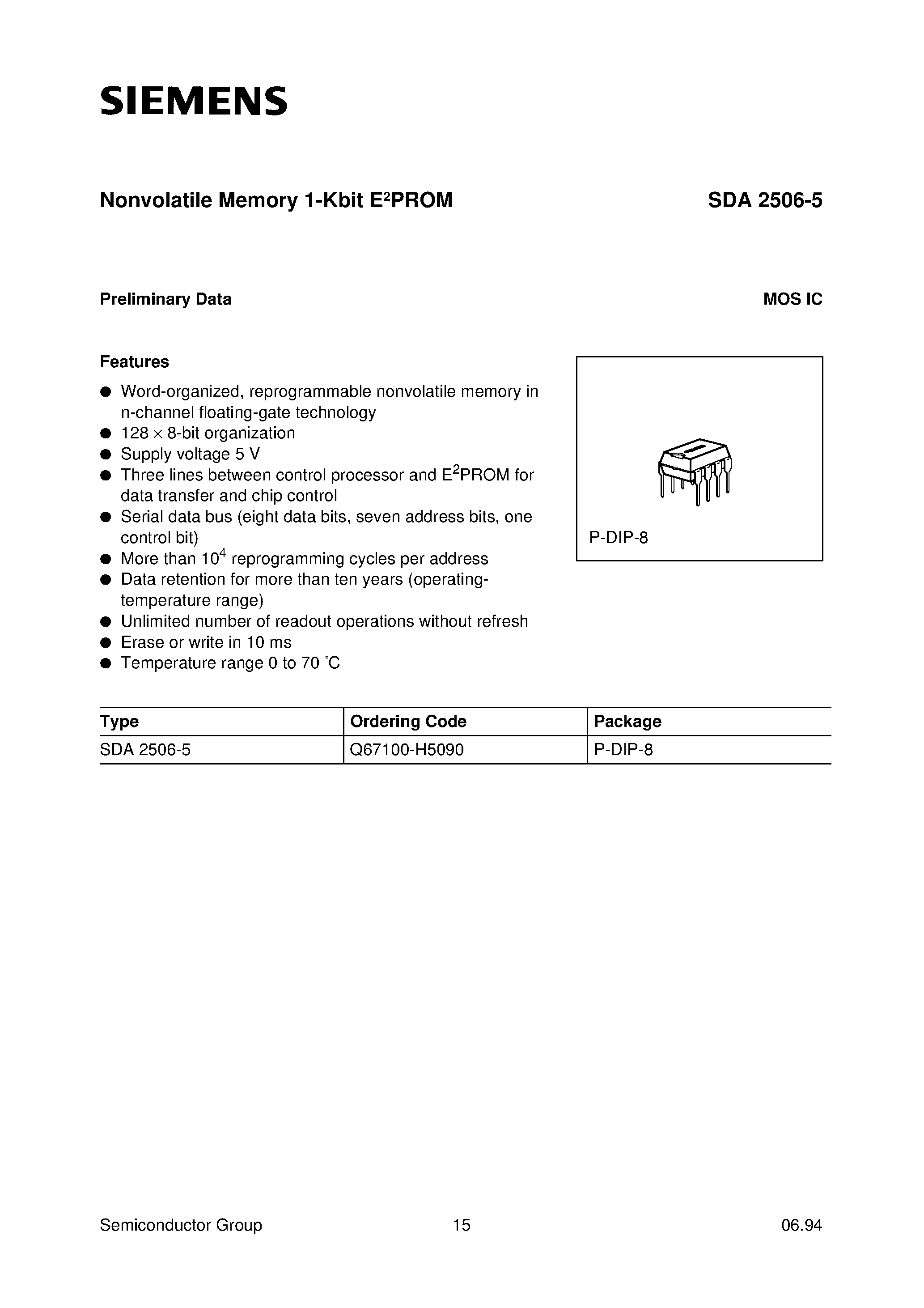 Datasheet SDA2506-5 page 1 Datasheet SDA2506-5 - Nonvolatile Memory 1-Kbit E2PROM page 1