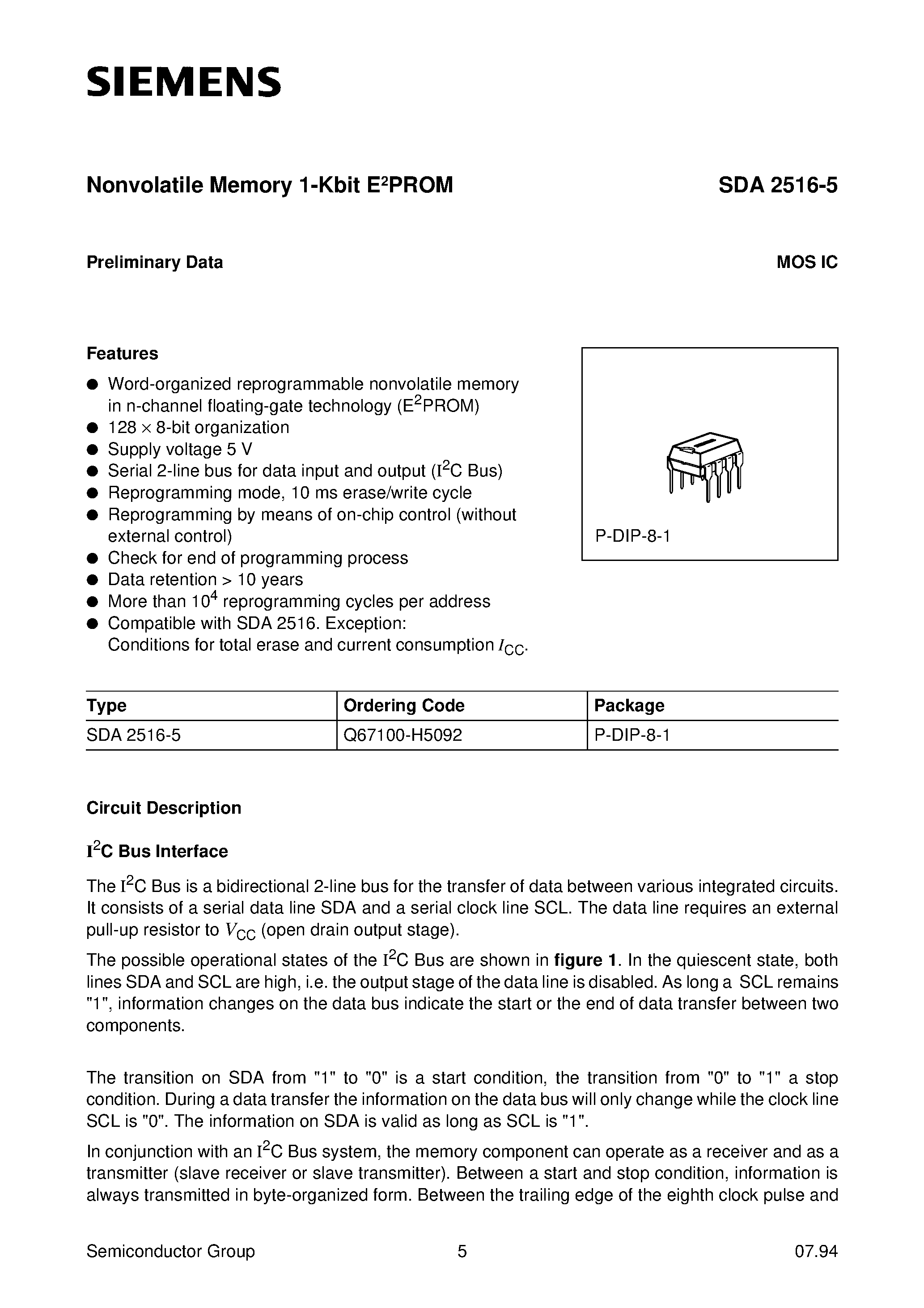 Datasheet SDA2516-5 page 1 Datasheet SDA2516-5 - Nonvolatile Memory 1-Kbit E2PROM page 1
