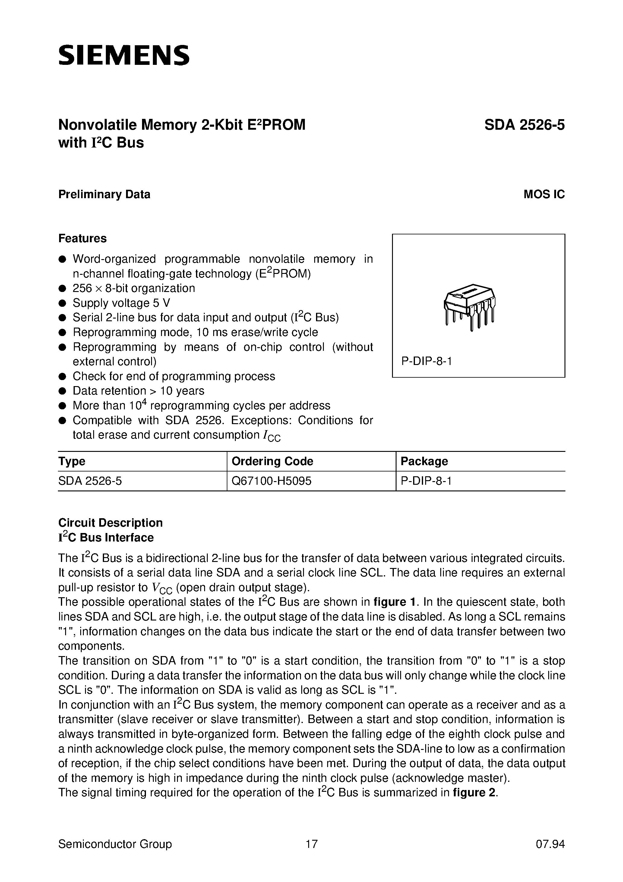 Datasheet SDA2526-5 - Nonvolatile Memory 2-Kbit E2PROM with I2C Bus page 1