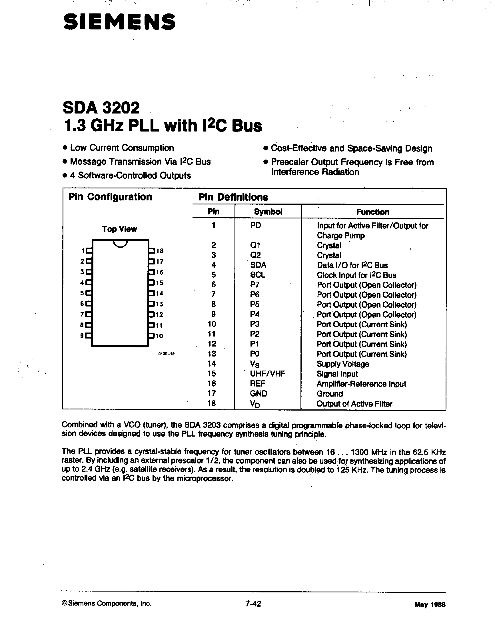 Datasheet SDA3202 - 1.3 GHZ PLL WITH I2C BUS page 1