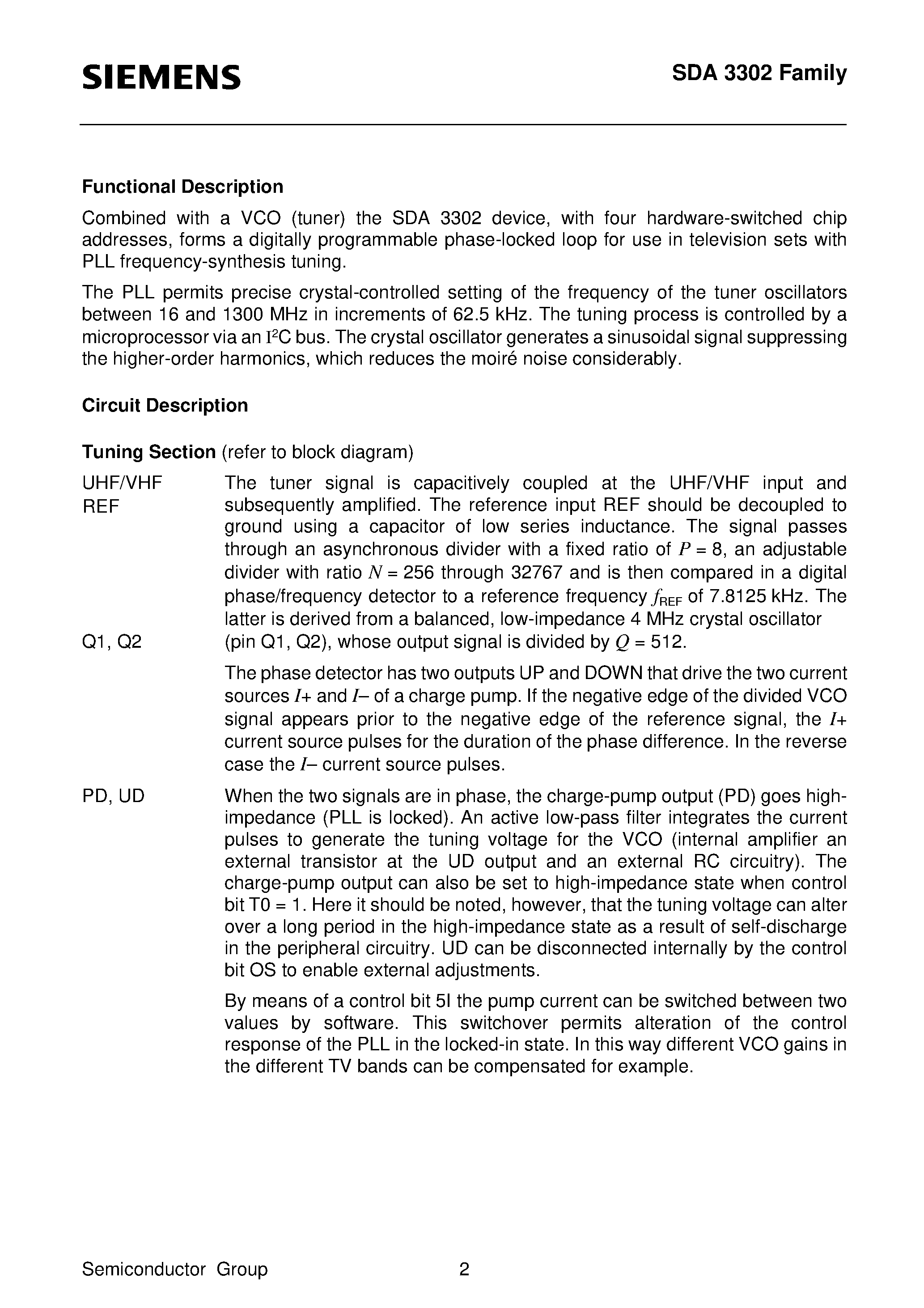 Datasheet SDA3302 - GHz PLL with I2C Bus and Four Chip Addresses page 2